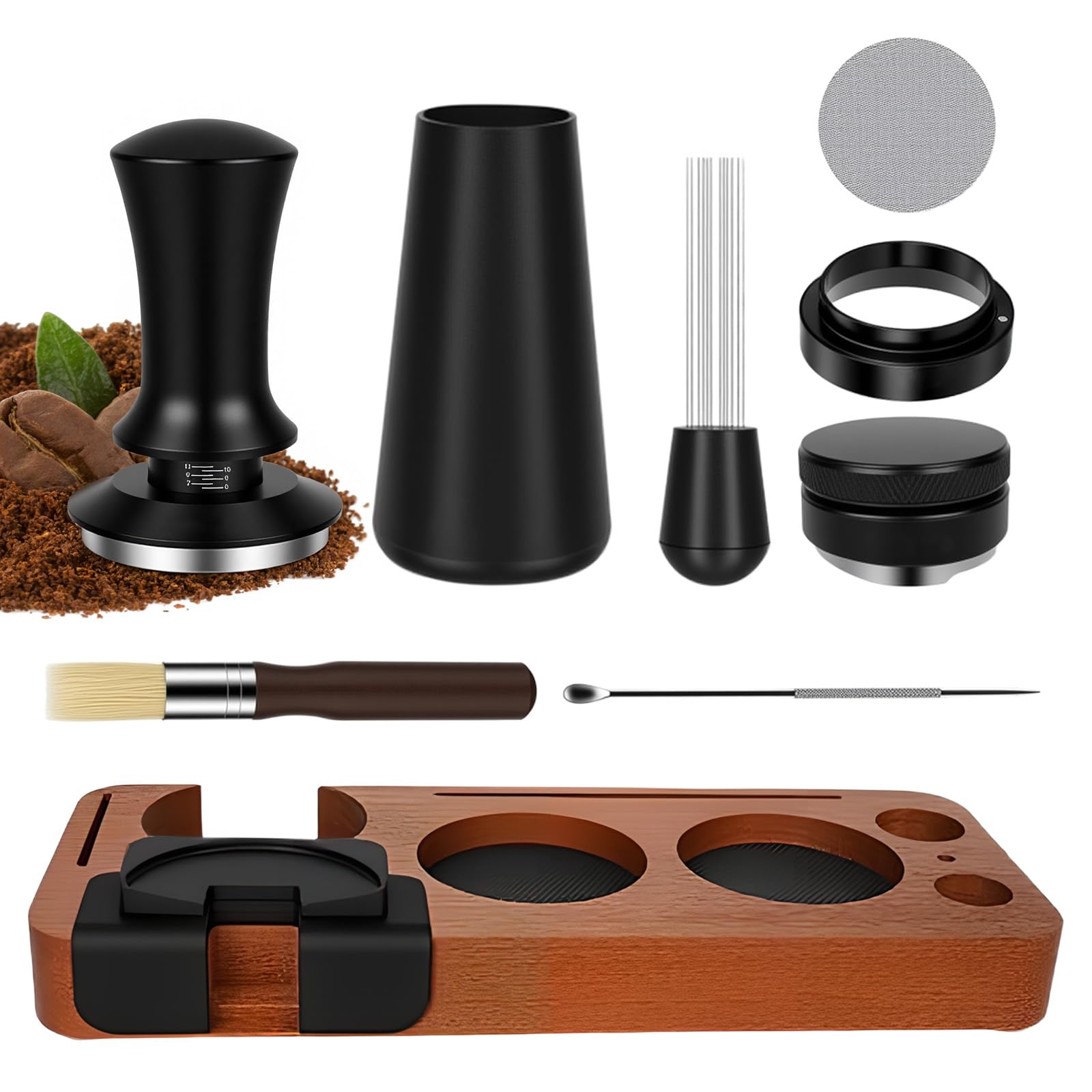 Set Accessori Espresso 8 Pezzi, Pressino 51 mm con Stazione Pressino, Livellatore, Strumento WDT, Anello Dosatore, Spazzola, Puck Screen, Frustino – per Macchine Espresso