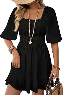 Dokotoo Womens Summer Dresses Square Neck Tie Back Lantern Sleeve Ruffle A-Line Casual Dress