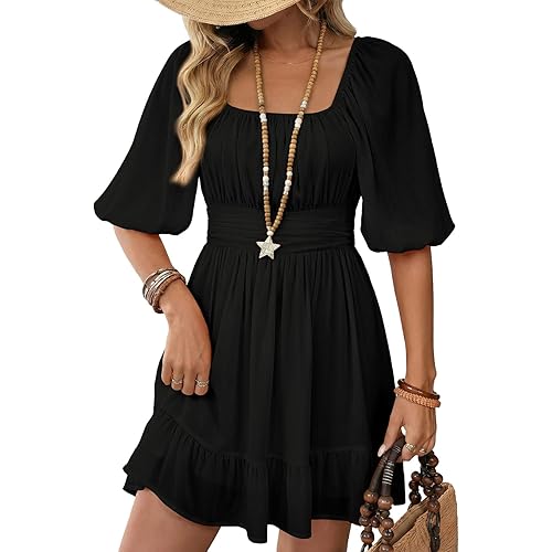 Dokotoo Womens Summer Dresses Square Neck Tie Back Lantern Sleeve Ruffle A-Line Casual Dress