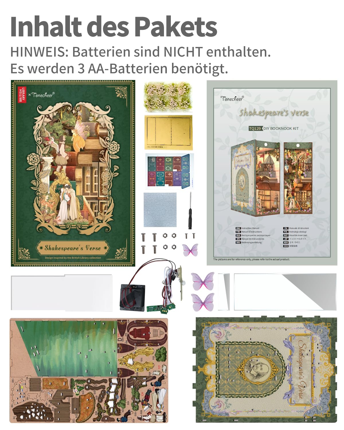 Tonecheer x British Library DIY Book Nook Kit, Shakespeare 3D-Holzpuzzle für Erwachsene, Miniatur-Haus-Kit Booknook-Bücherregal-Einsatz Dekor mit LED-Licht Handwerks Geschenk（Shakespeare-Verse）