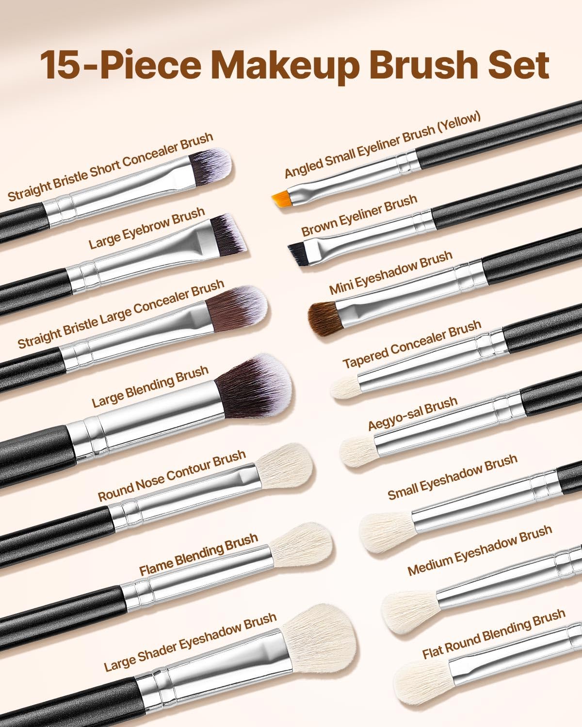 VEVOR 15-Piece Makeup Brush Set for Foundation Blending Eyeshadow Professional Vegan Brushes with Soft Synthetic Bristles - Image 2