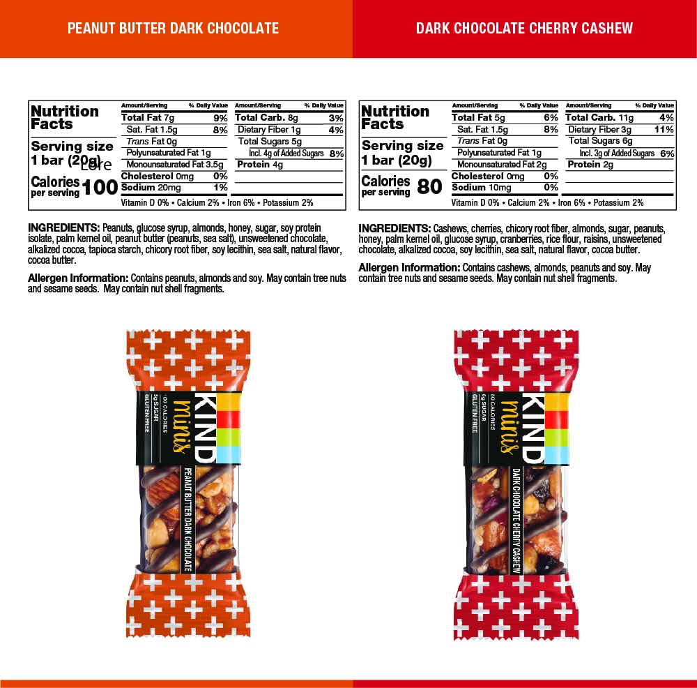 KIND Bar Minis, Cioccolato fondente al burro di arachidi e cioccolato fondente Cherry Anacardi, confezione varia, senza glutine, 100 calorie, basso contenuto di zucchero, confezione da 80
