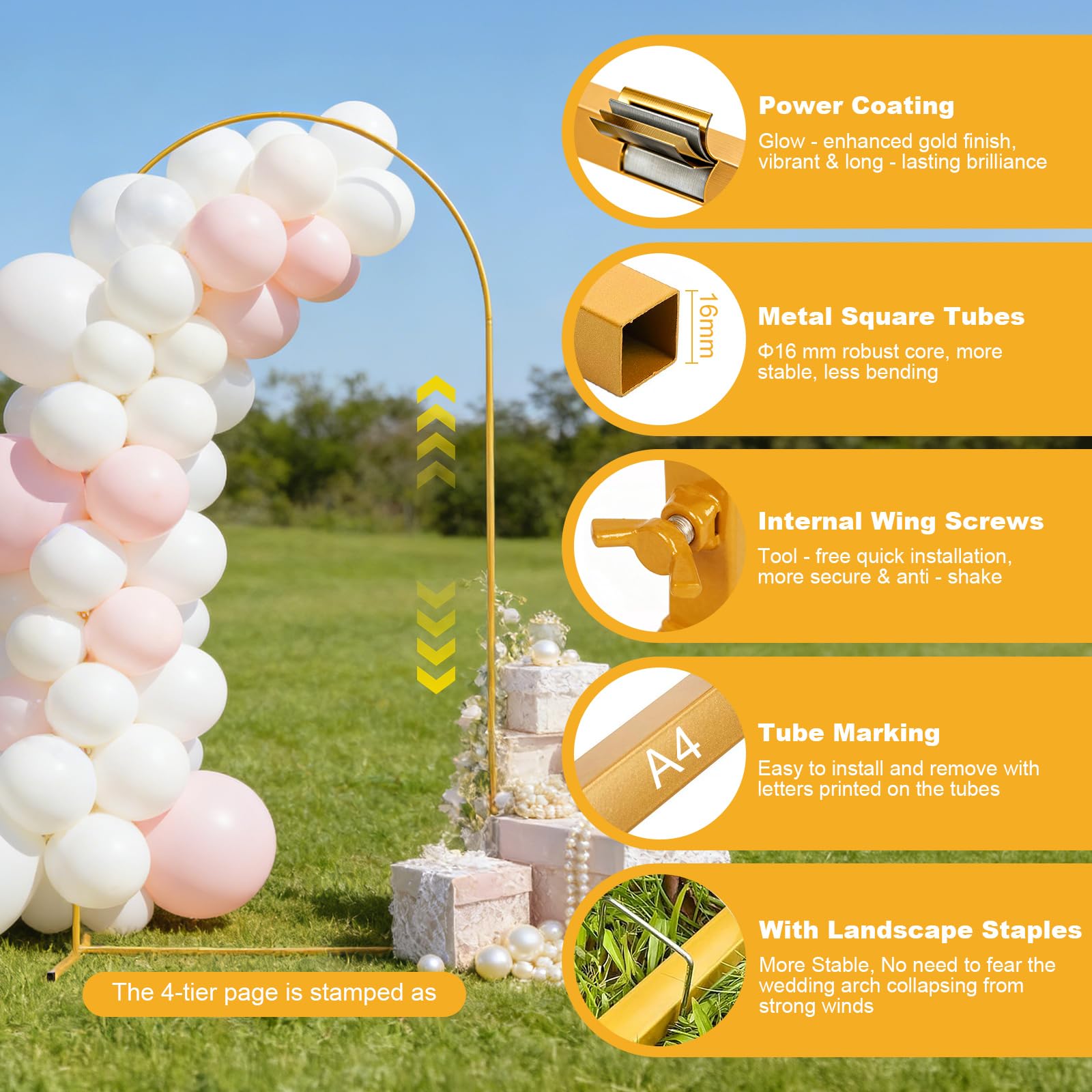 Supporto per Arco Matrimoniale, Regolabile in Altezza da 1,8 a 2,2 M, Struttura per Arco Dorata, Arco per Matrimonio, Arco con Palloncini per Matrimonio, Compleanno, Festa, Baby Shower
