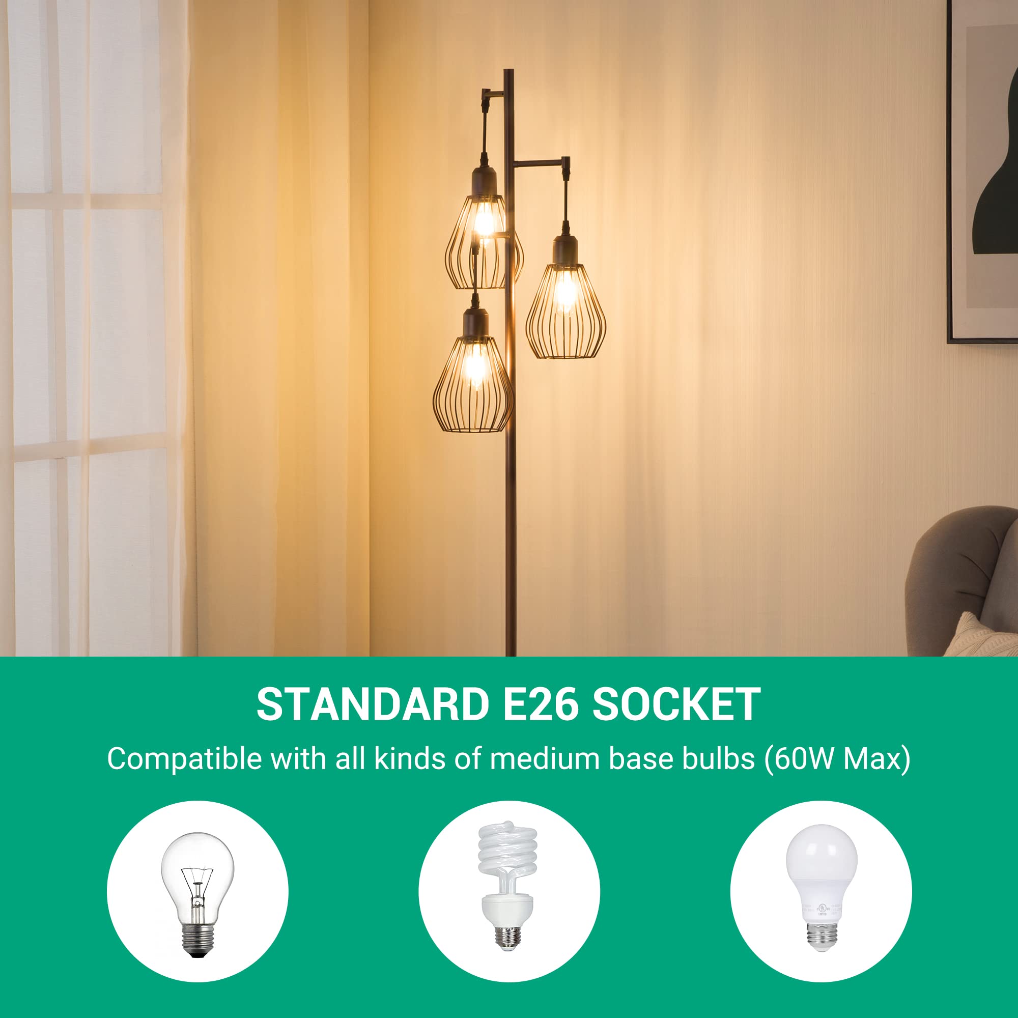 EDISHINE Industrial 3-Light Tree Floor Lamp, Farmhouse Tall Standing Lamps with 3 Elegant Teardrop Cage Head & 4W 3000K Edison Bulbs, Rustic Reading Lamp for Living Room, Bedroom, Hotel - Metal Brown