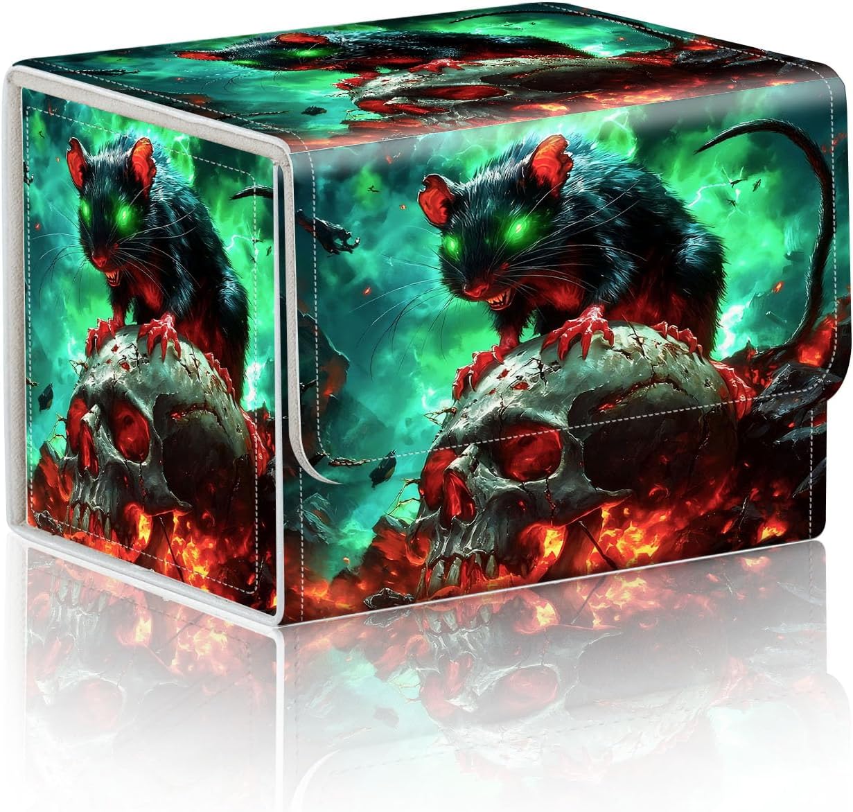 Trading Card Storage Box, Holds 100+ for MTG Cards, Premium PU Leather with Magnetic Closure, Black Rat On A Skull Durable Deck Box for Magic the Gathering, Trading Card Games