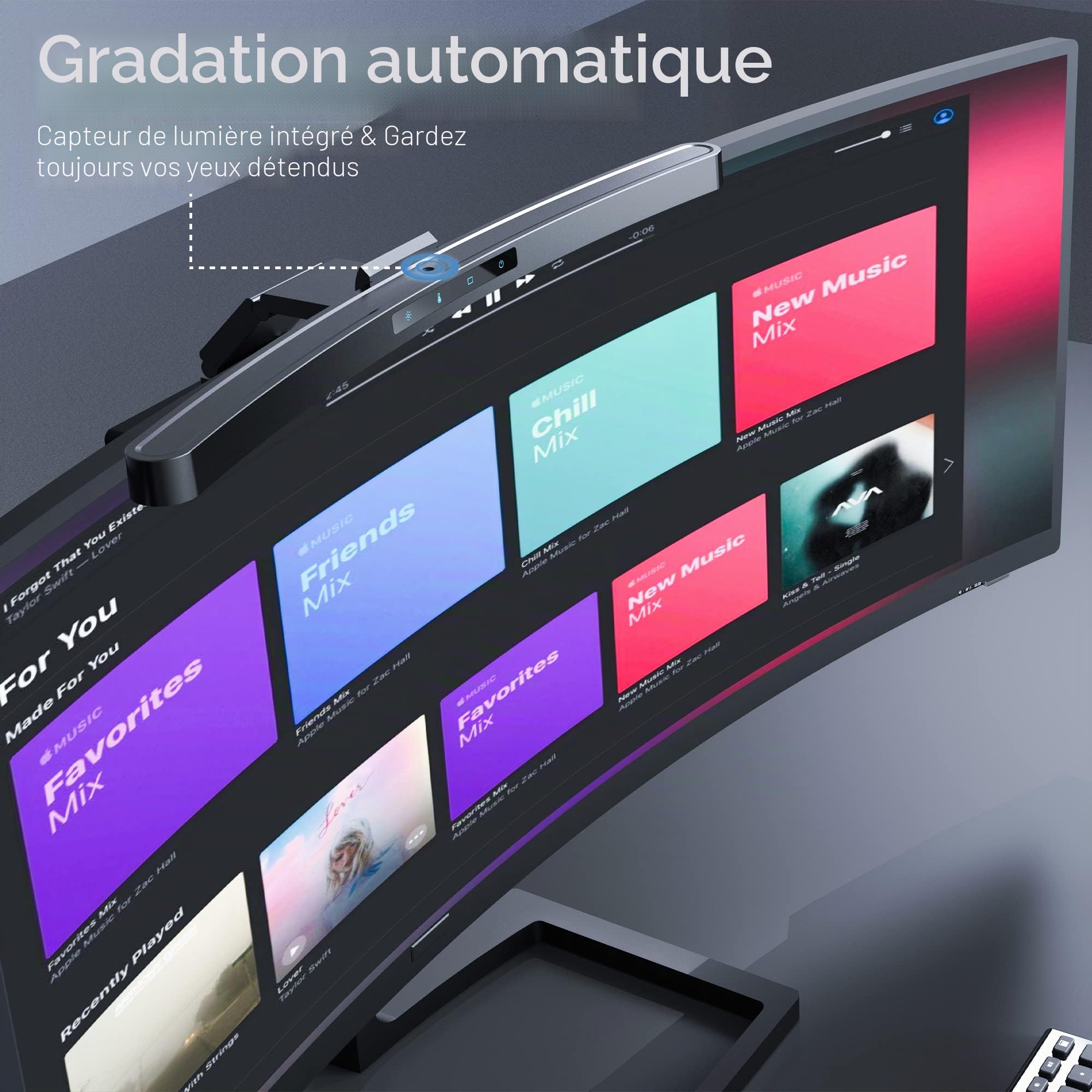 ONWAY Barre lumineuse incurvée avec télécommande sans fil, barre lumineuse avec gradation automatique et base de caméra, applicable à tous les écrans. Pas d'éblouissement d'écran, pour (basique)