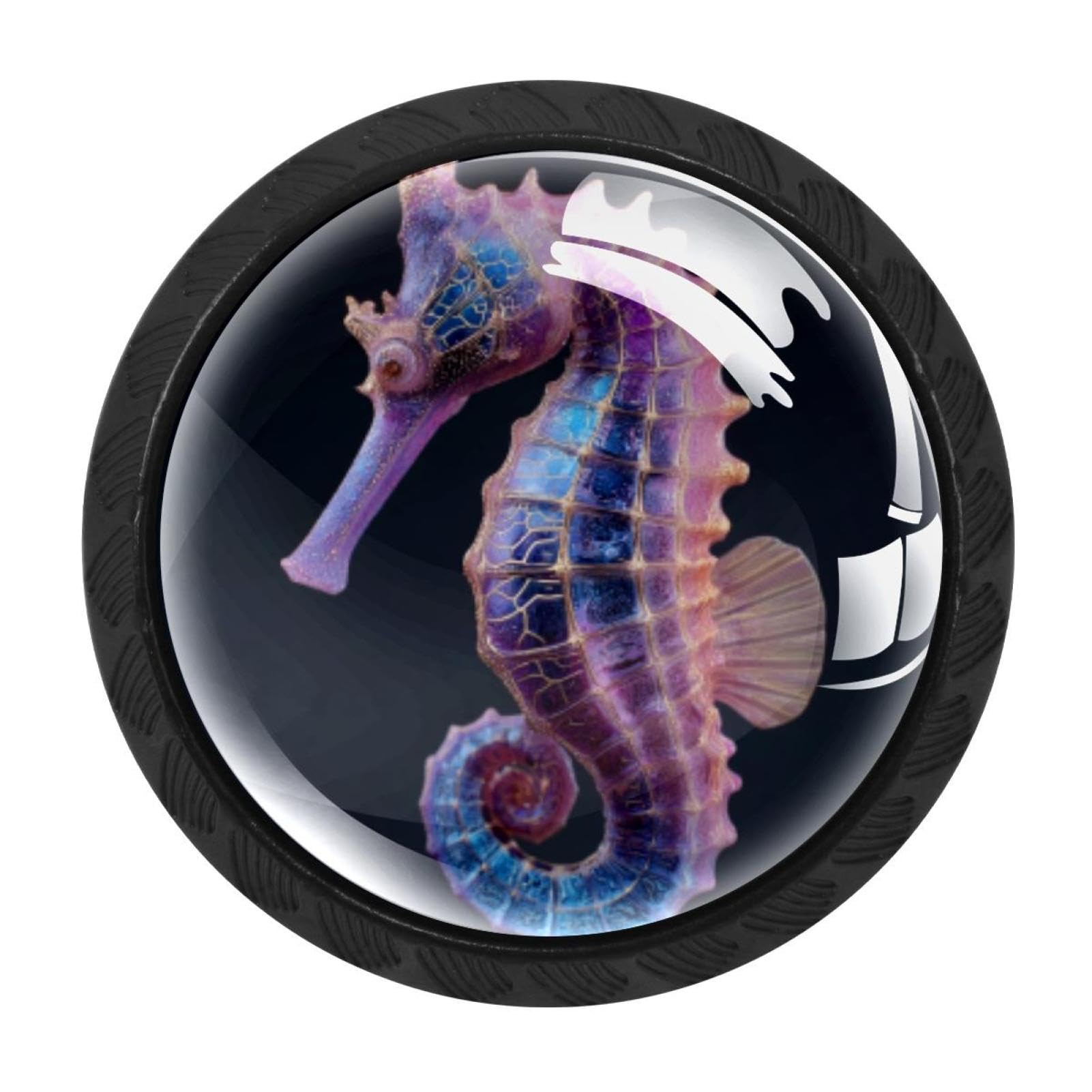 CHENZZZZ 4 Pack Black Seahorse Drawer Knobs, Cabinet Knobs Round Glass Knobs for Kitchen Cabinet Hardware Bathroom 35MM