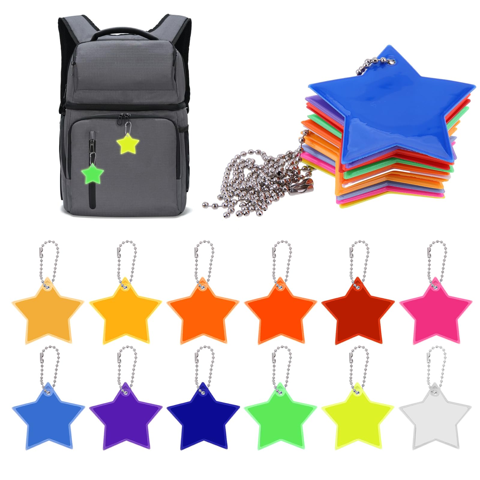 Molain Sicherheits Reflektor Anhänger, 12Stück Stern Reflektoren Kinder Anhänger für Rucksack Schulranzen, Reflektierende Schlüsselanhänger für Schultasche Rucksack Radfahren Gehen Laufen (Mehrfarbig)