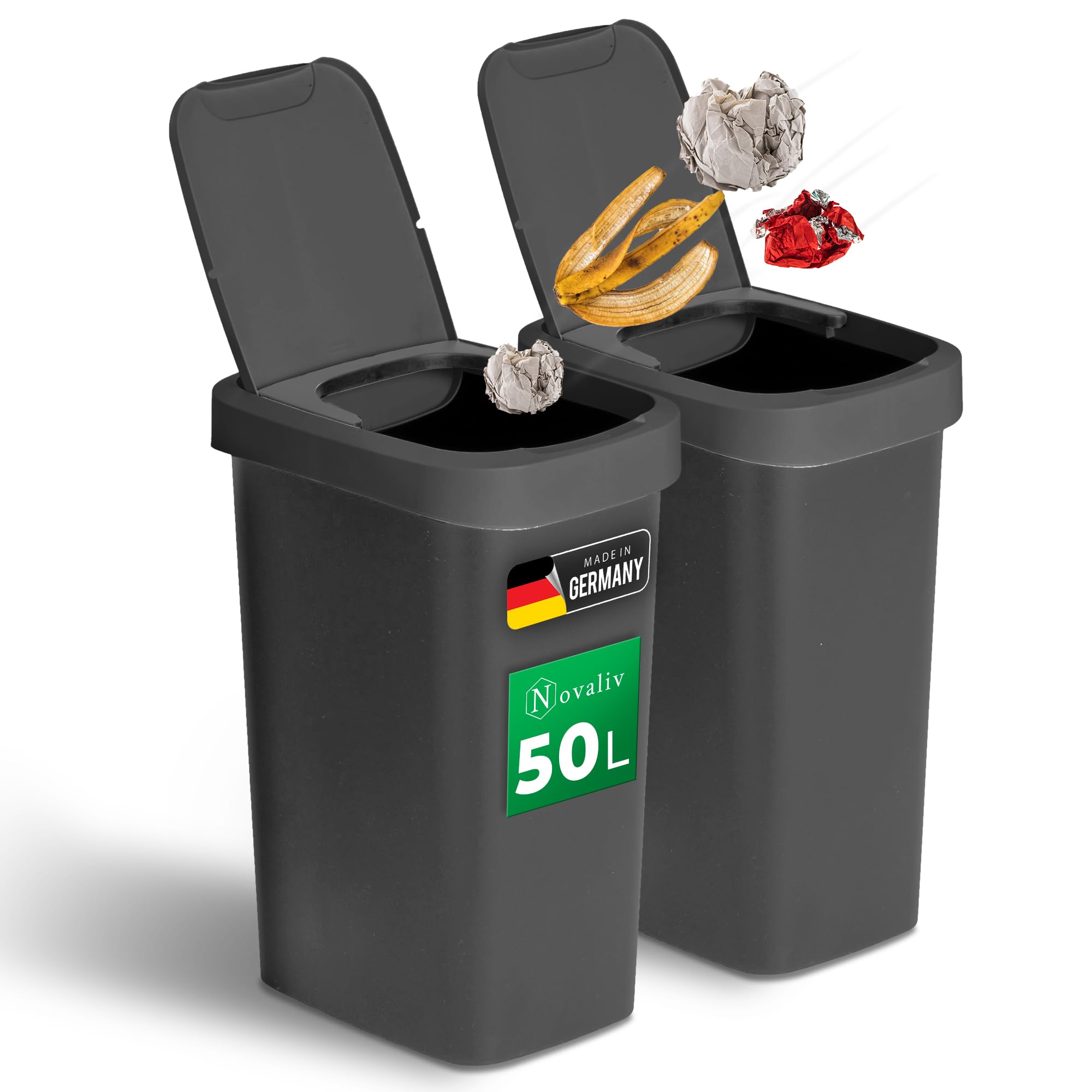 Novaliv 2 cubos de basura de 50 l con tapa 2 en 1, tapa abatible y tapa basculante, elegante y antiolor para cocina, hogar, oficina, cubo de basura, cubo de basura de plástico