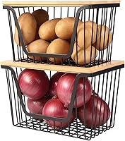 Snpwne 2-Pack Stackable Onion Potato Storage Bins - Large Wire Baskets with Bamboo Lids for Pantry Veggies & Fruits