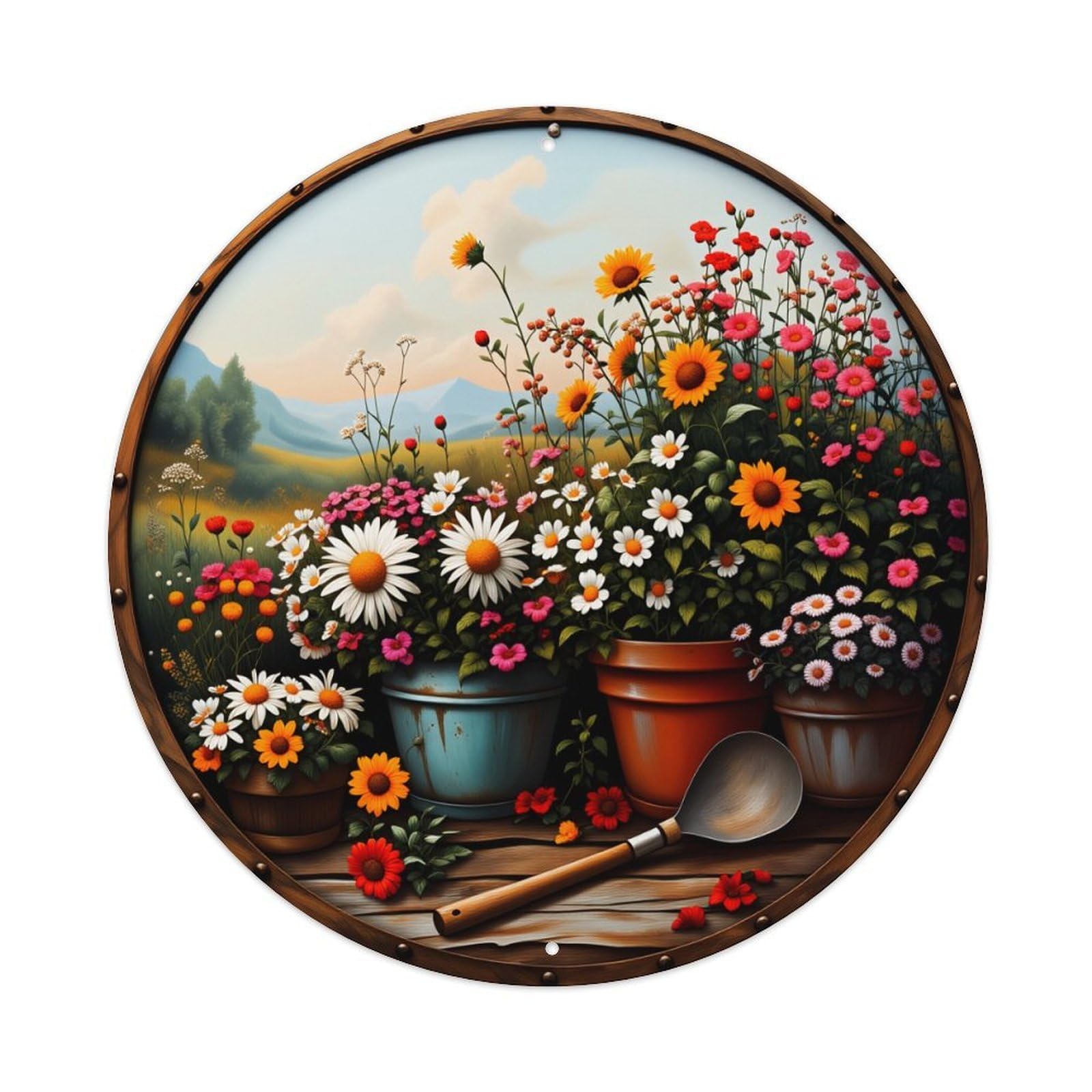 Floral Garden Pots With Sunflowers Daisies And Tools Round Vintage Tin Sign,Retro Wall Art,Metal Poster for Home, Bar, Garage, Cafe, Rustic Indoor & Outdoor Decor, 8x8 Inches