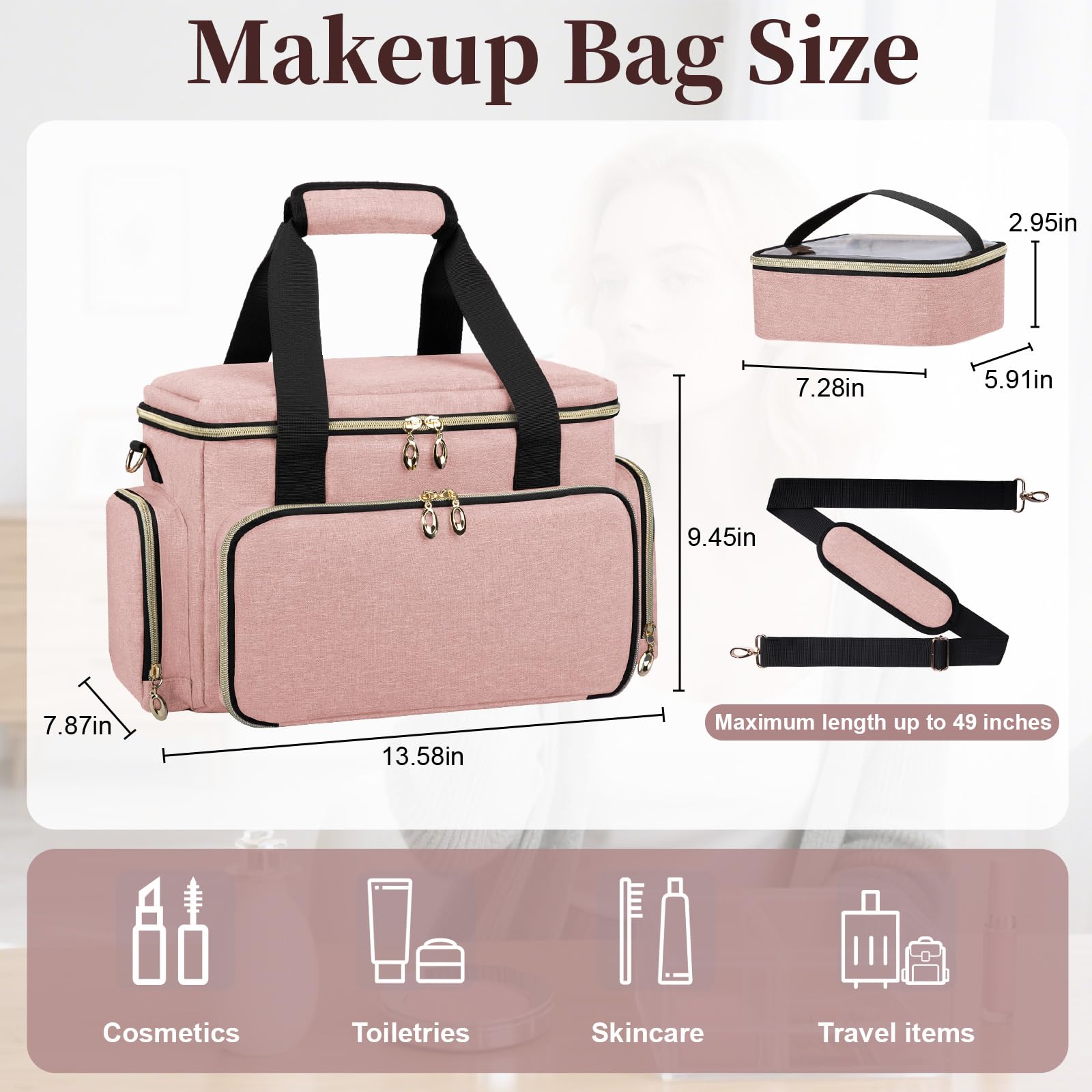 GDNasist Grande borsa di trucco, borsa portatile di trucco di viaggio, rosa, 13.58" L * 7.87" W * and 9.45" H, Classico