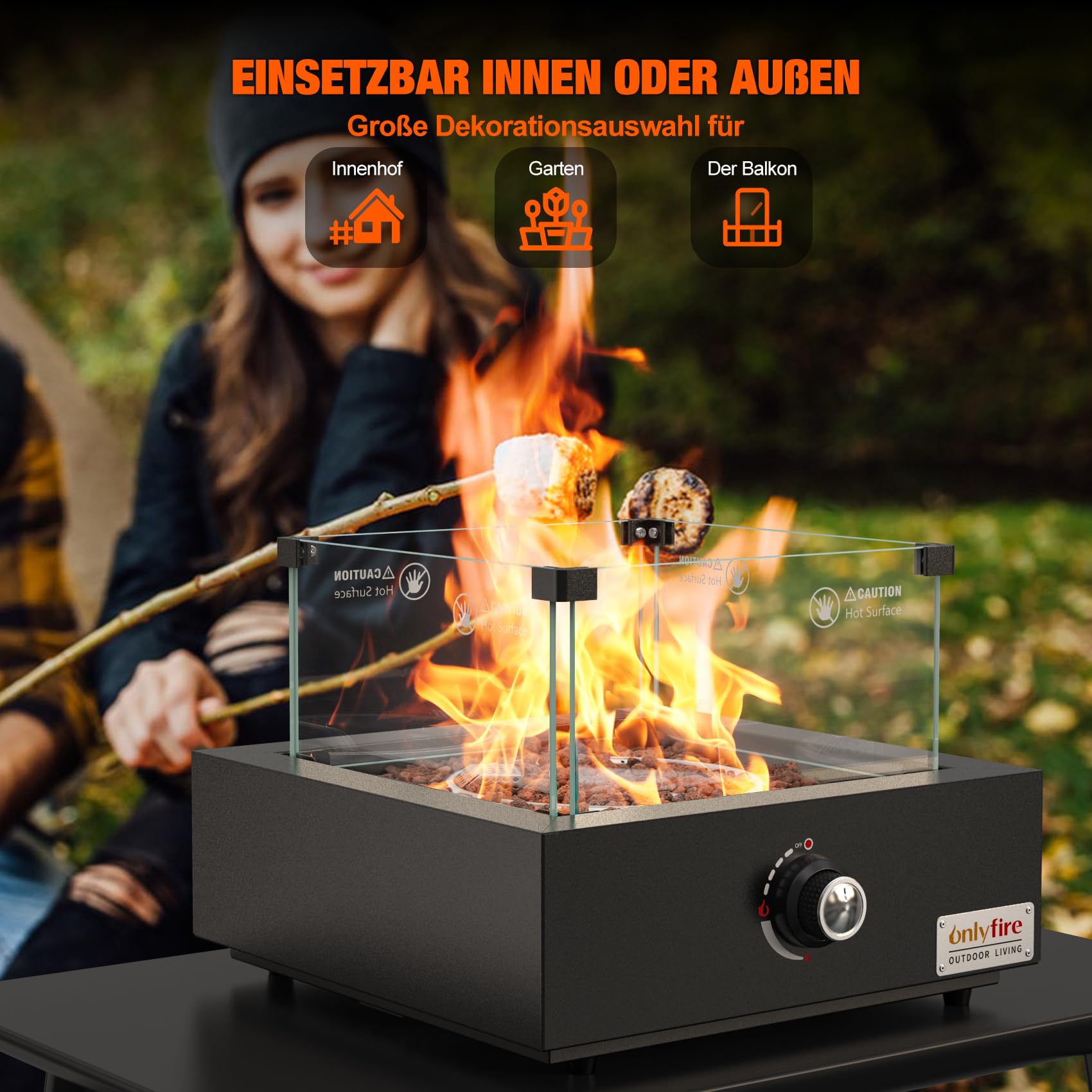 Onlyfire Tisch Gas Feuerstelle, Quadratische Outdoor Feuertisch mit Glaswindschutz, Lavastein und Hinterem Lufteinlass, Multifunktional Tischfeuer für Heizung, BBQ Grill & Ambientebeleuchtungen