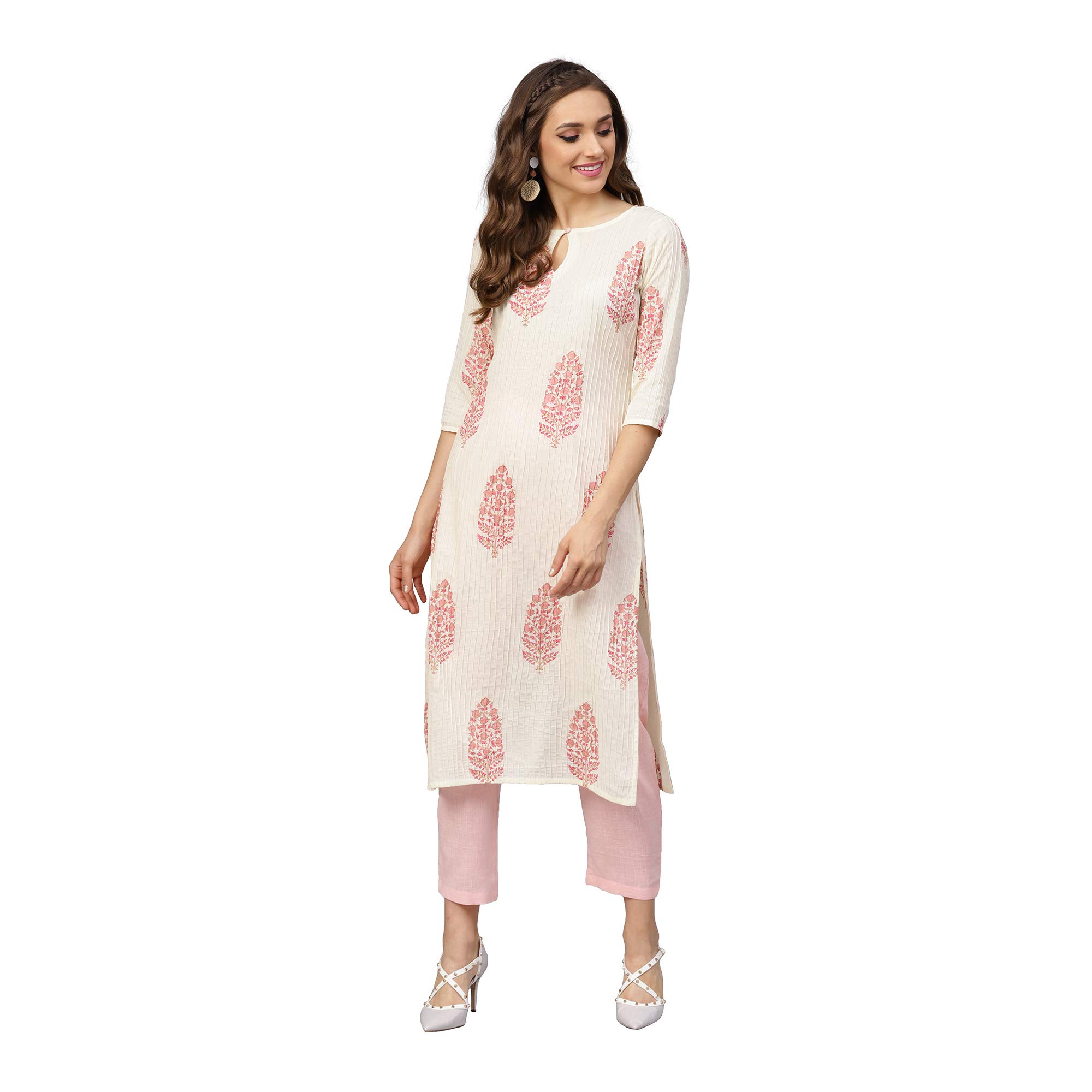Idalia Cream And Baby Pink Hand Block Print Kurta With Cotton Pants
