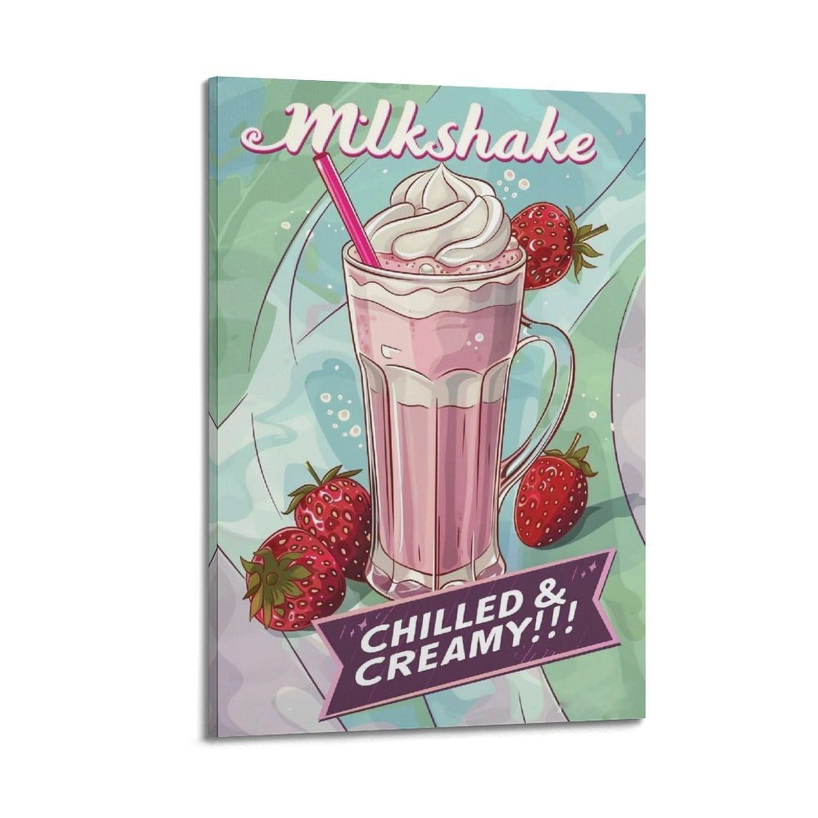 HUERYRYHY Chilled Creamy Strawberry Milkshake Poster Aesthetic Wall Art Painting Decor Vintage Canvas for Living Room Bed Room 20x30inch(50x75cm) Frame-style