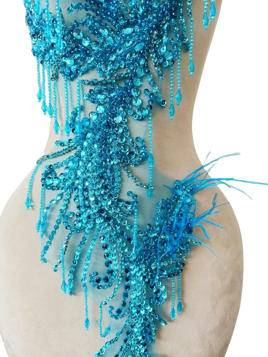 Pure Handmade Rhinestones Beads Applique sew on Crystal Sequins lace Trim Patches Ostrich Feather Accessories for Dress Clothing Shiny Bead Decorative Material 15X9X30inches (Sky Blue)