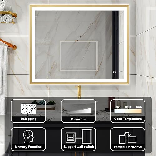 Miniatura 8 de WELLFOR Espejo de pared con marco LED de 40 pulgadas de ancho x 32 pulgadas de largo, retroiluminado e iluminado frontal para baño, hotel, espejo de