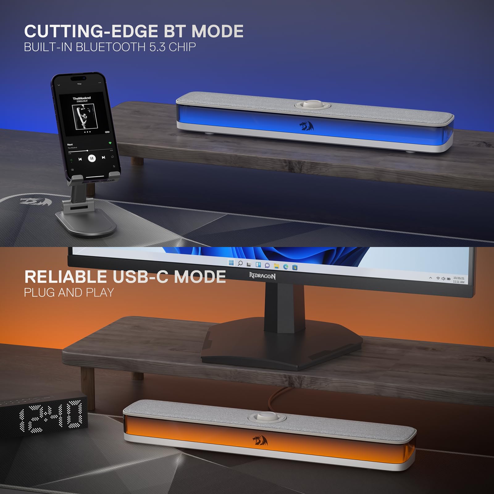 Redragon GS515 Barre Son Bureau RVB BT 53 USBC Gris | Barre son bureau RVB son stereo 20 BT 53 connexion stable alimentation USBC USB design compact gris