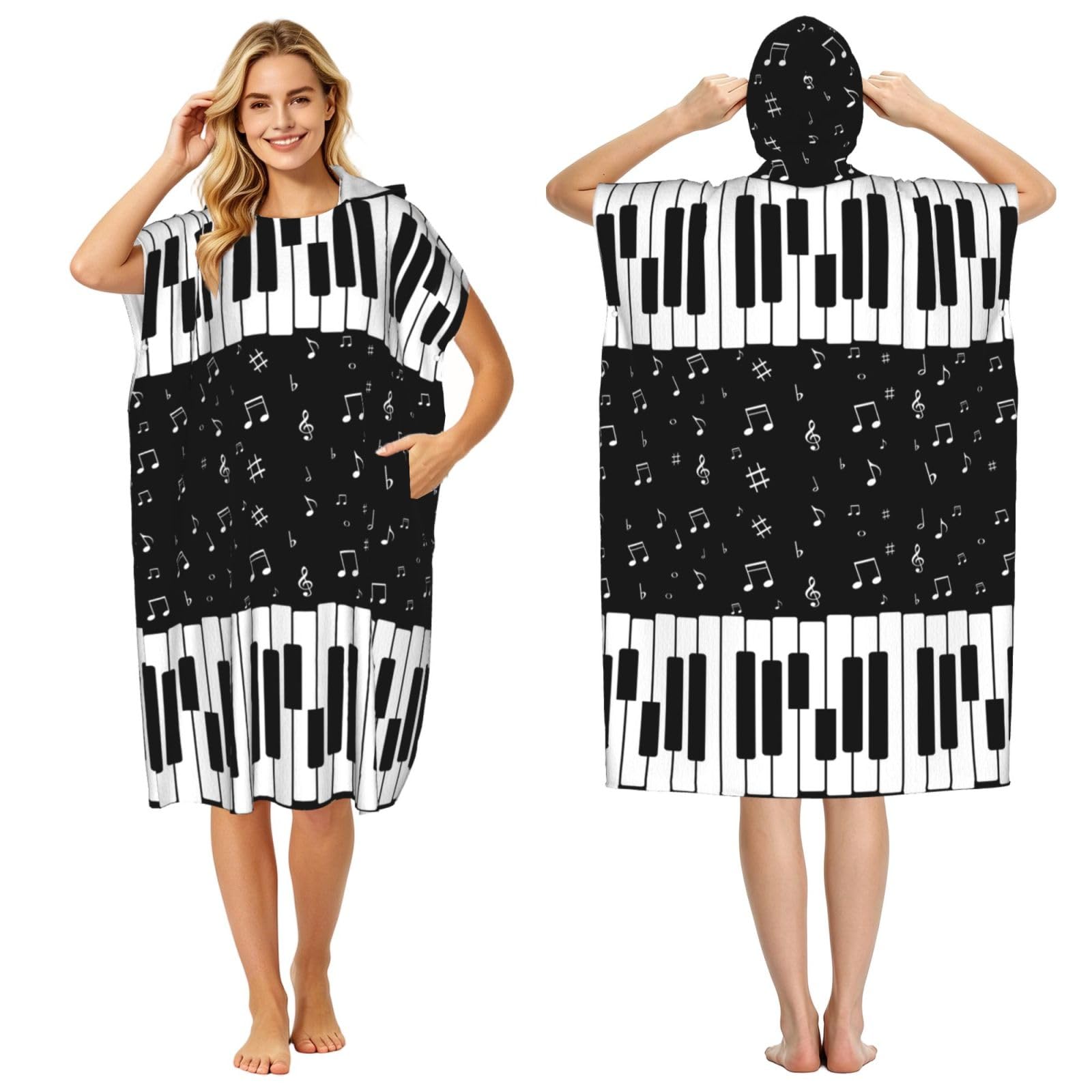 Poadnly Music Note Piano, Adult Hooded Beach Towel 90 x 110 cm,Changing Bath Robe, Surf Poncho Towel For Women Men