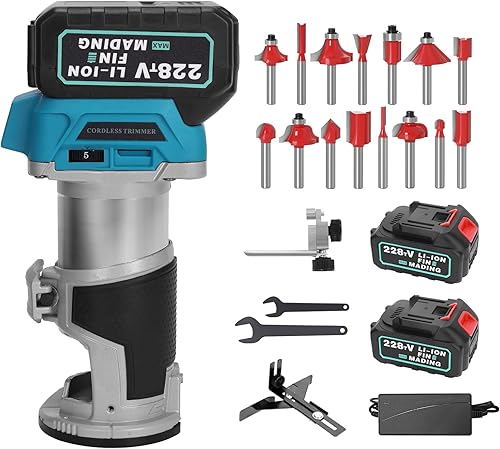 iklestar Enrutador de madera compacto inalámbrico, herramienta de enrutador de madera de 21 V con 2 baterías sin escobillas, enrutadores portátiles