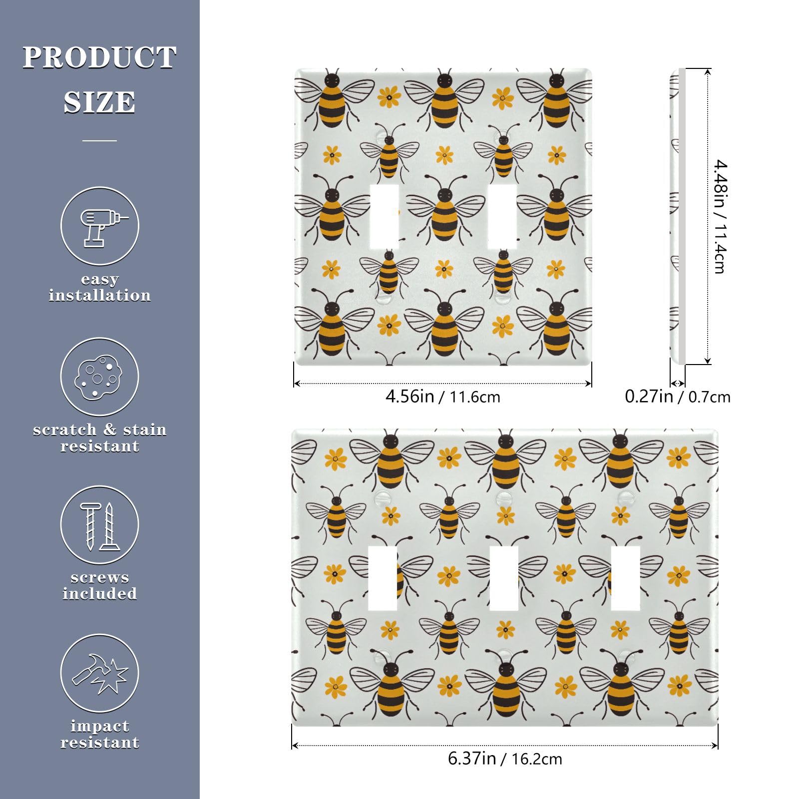 Light Switch Cover Cute Bee Wall Plates for Electrical Outlets 3 Gang 202a8834