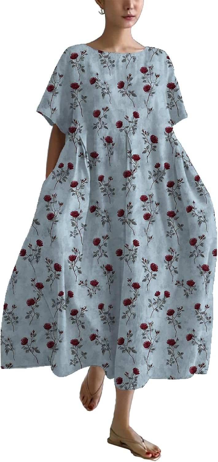 Floral Dress for Women Summer Maxi Casual Comfy Short Sleeve Crewneck Vacation Plus Size Sundress