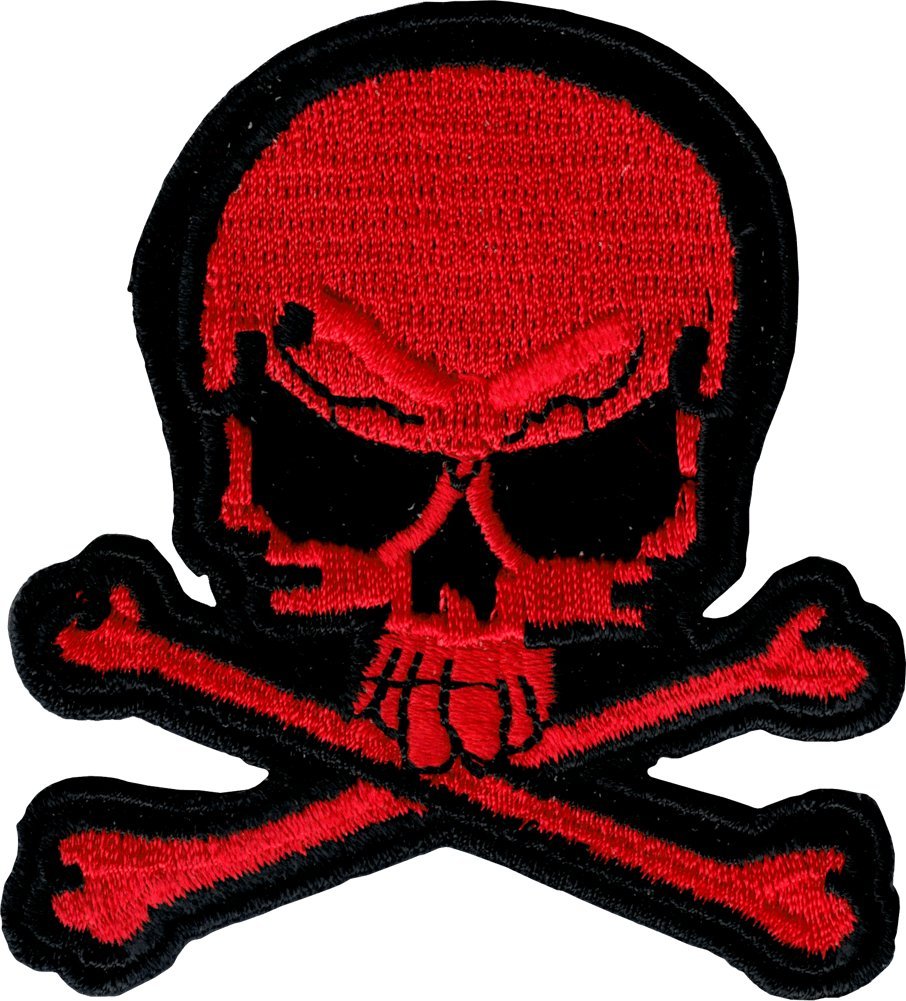Red & Black Skull & Crossbones - 2 3/4" x 3" - Embroidered Iron On or Sew On Patch
