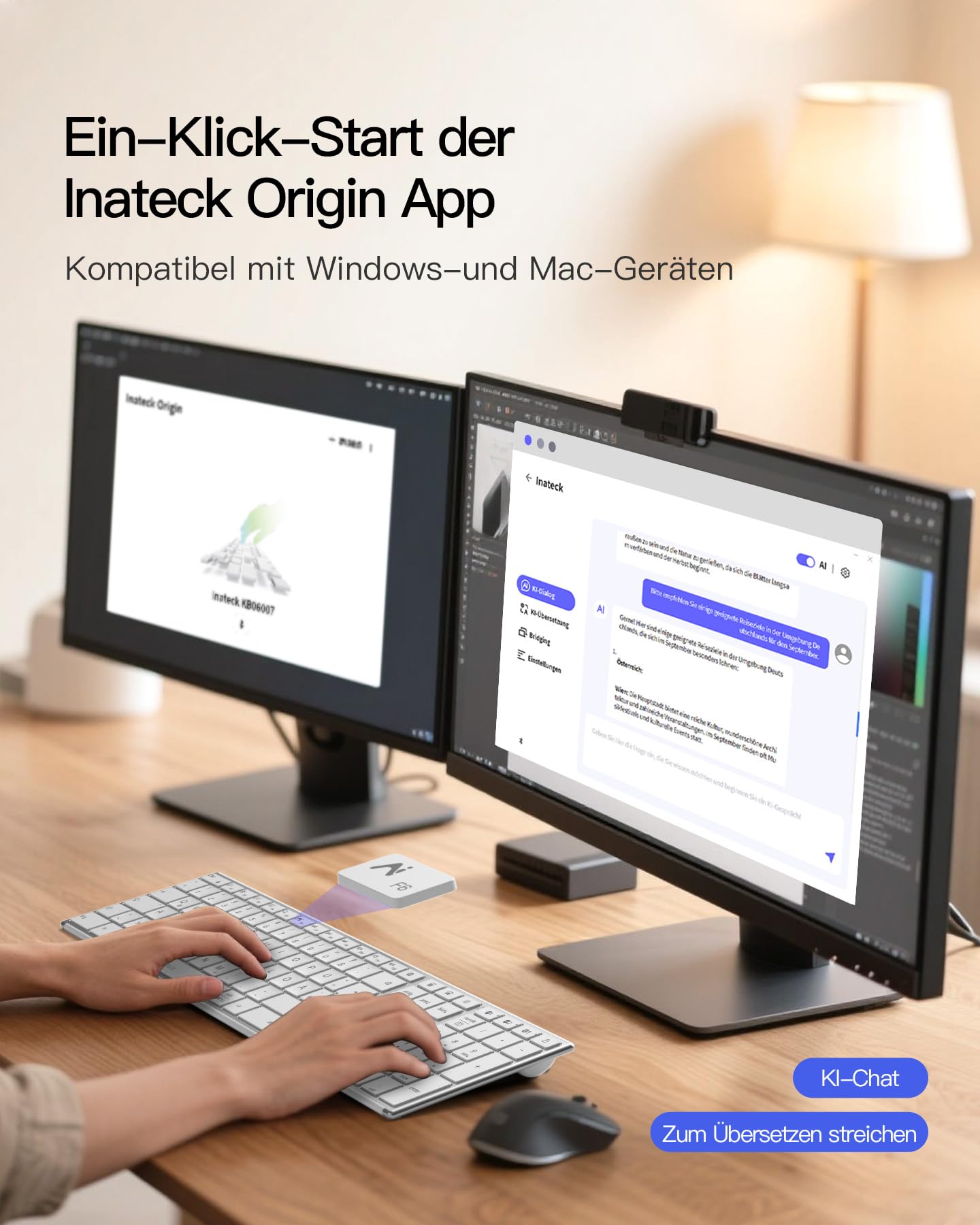Inateck Kabellose Tastatur,KI-Funktion Bluetooth Tastatur mit 3 Bluetooth Kanälen,Deutsches QWERTZ Layout,Leise Tasten, Kompatibel mit iPadOS Android, Windows,KB06007