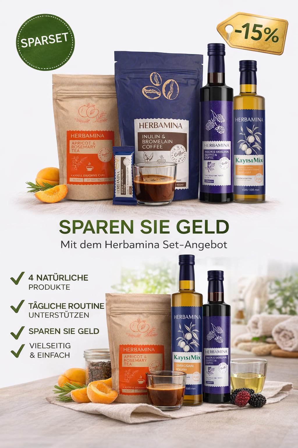 Herbamina Natürliche Getränke Serie – Kräutertee Rosmarin Aprikose, Instant Kaffee, Aprikosen Essig & Maulbeersirup – Getränke-Mix für Alltag & Genuss – Vorteilspack