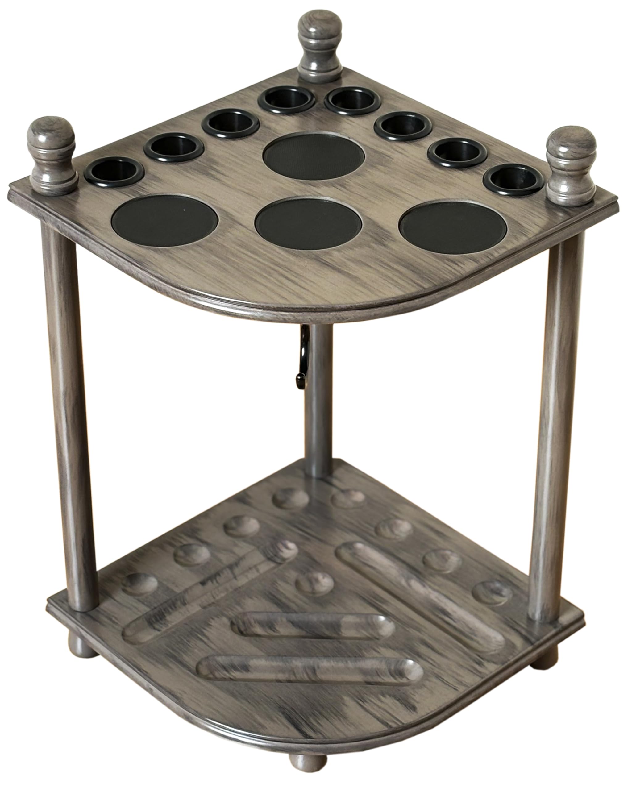 Wooden Pool Cue Rack Hold 8 Cue Sticks & Billiard Accessories. Corner Snooker and Pool Stick Holder Floor Stand Made of 100% Solid Hardwood. Provided Ball Rack Hook (CORNER-8-GREY)
