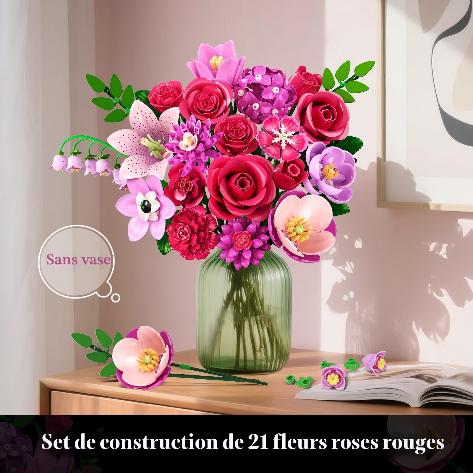 CUBIMANA Bouquet de Fleurs LED 21 Roses Rouges Collection Botanique 832PCS
