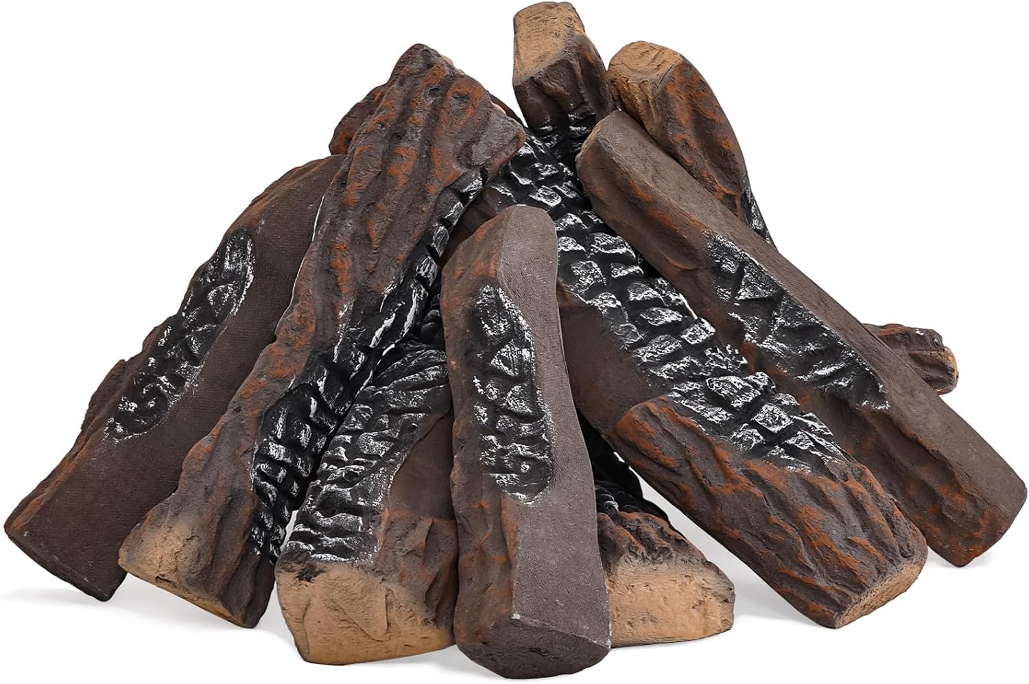 Set di 10 grandi ciocchi in ceramica per caminetto a bioetanolo, senza fumo, decorativi, resistenti al calore, impilabili, effetto legno per focolare, propano, elettrico, gas, inserto di
