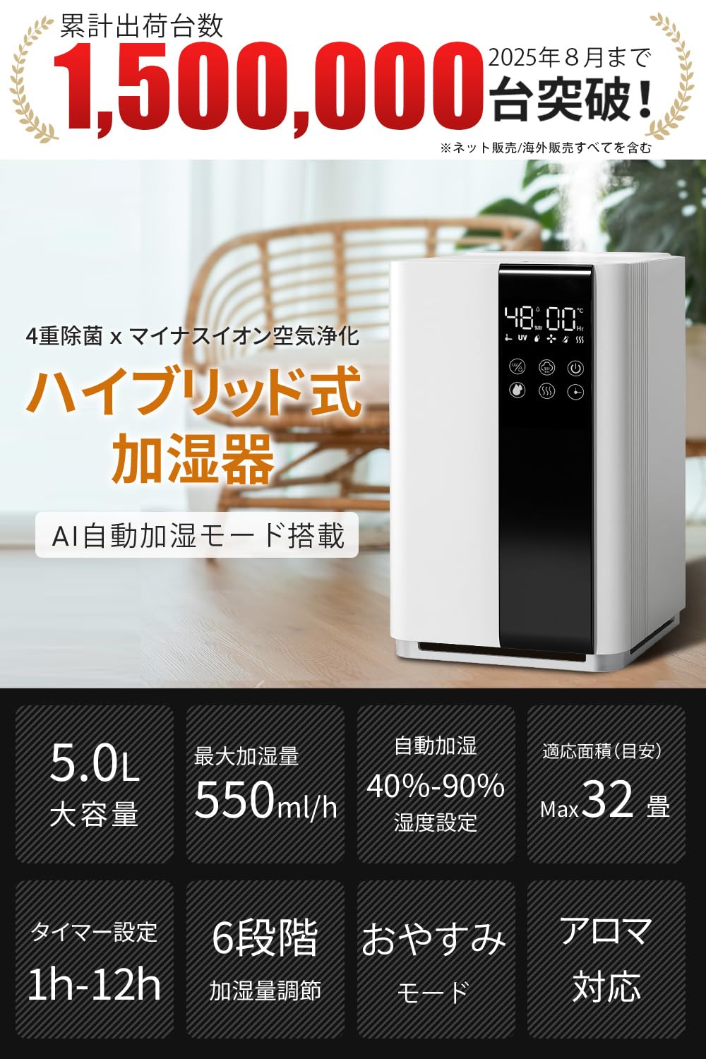 ❣️AIスマート❣️ 知能恒湿 加湿器 大容量 ハイブリッド式 超音波 タワー型 AIスマート&知能恒湿】加湿器 大容量 ハイブリッド式 9L AI湿度