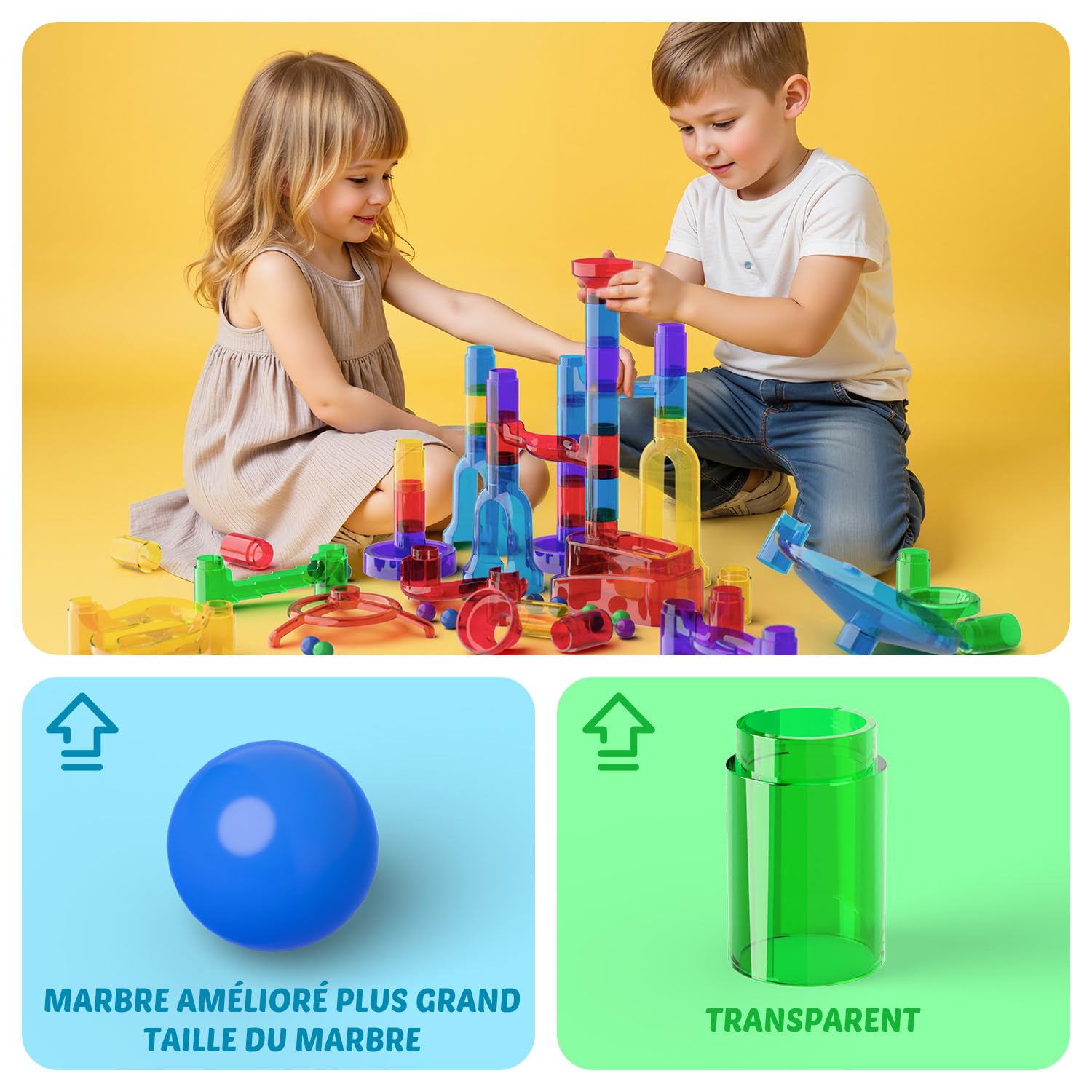 109 Pièces Transparente Tricky Bille Jeux de Construction Circuit Billes Jeu Educatif Marble Rush STEM Labyrinthe Jeux Enfant Convient aux Garçons et aux Filles de 3-12 Ans Cadeau
