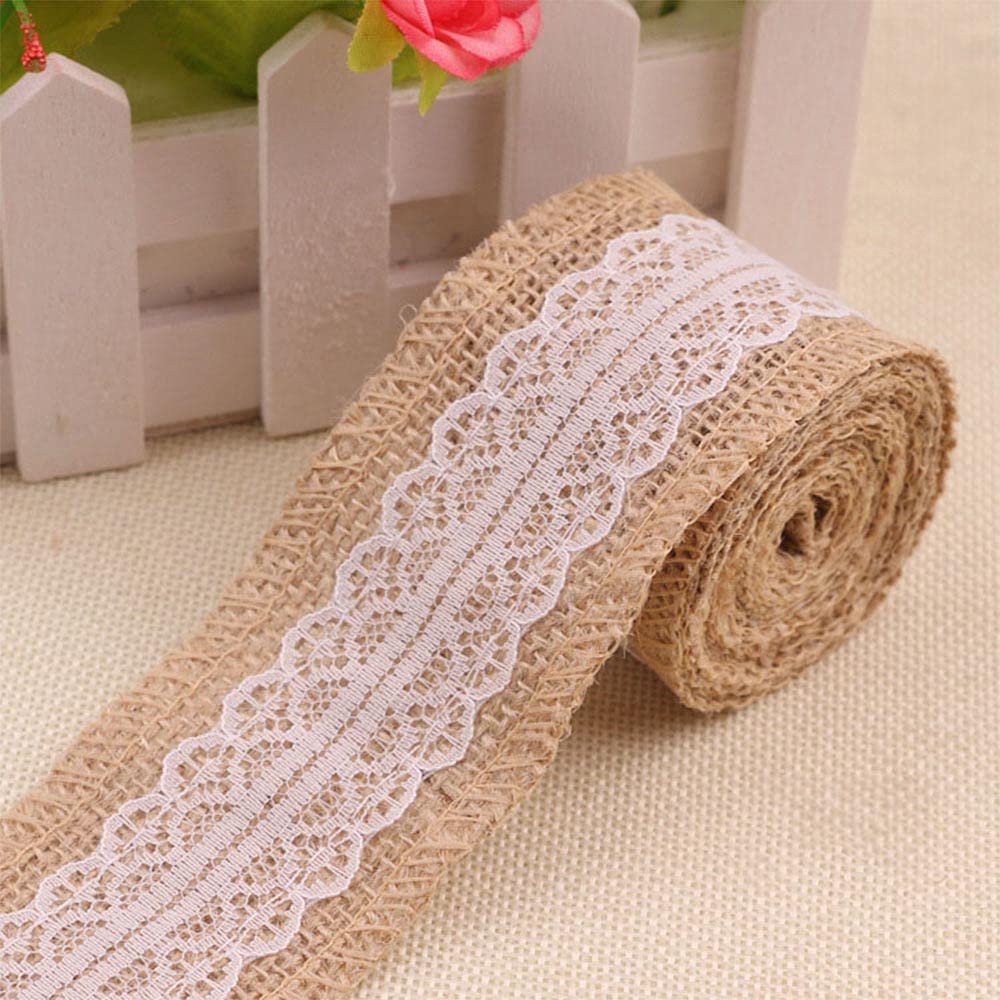 CENPEK 5pcs Natural Hessian Ribbon with Lace 2 Meters Jute Trim Burlap Fringe Tape for Vintage/Rustic Themed Wedding Craft
