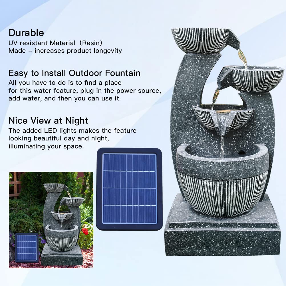 BTGGG Solarbrunnen für Draußen, 4-Stufiger Solar Springbrunnen für Außen, Solar Gartenbrunnen, Springbrunnen mit LED Beleuchtung, Zimmerbrunnen Wasserspiel Solar für Garten, Terrasse, Balkon Deko