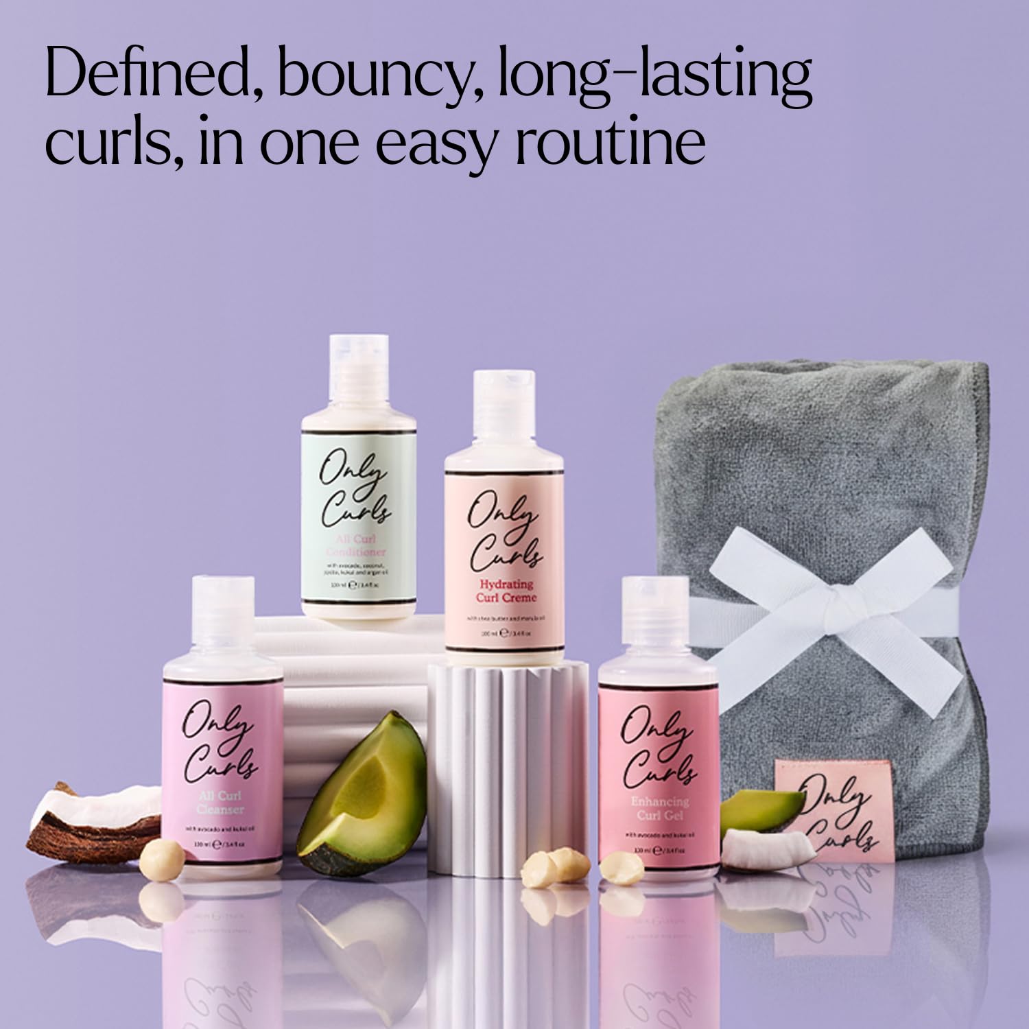 Only Curls Starter Pack & Microfibre Towel, Curl Defining Mini Set, Nourishing Shampoo, Detangling Conditioner, Curl Creme, Enhancing Gel & Curly Hair Wrap, Frizz-Free Travel Pack, 100ml x4