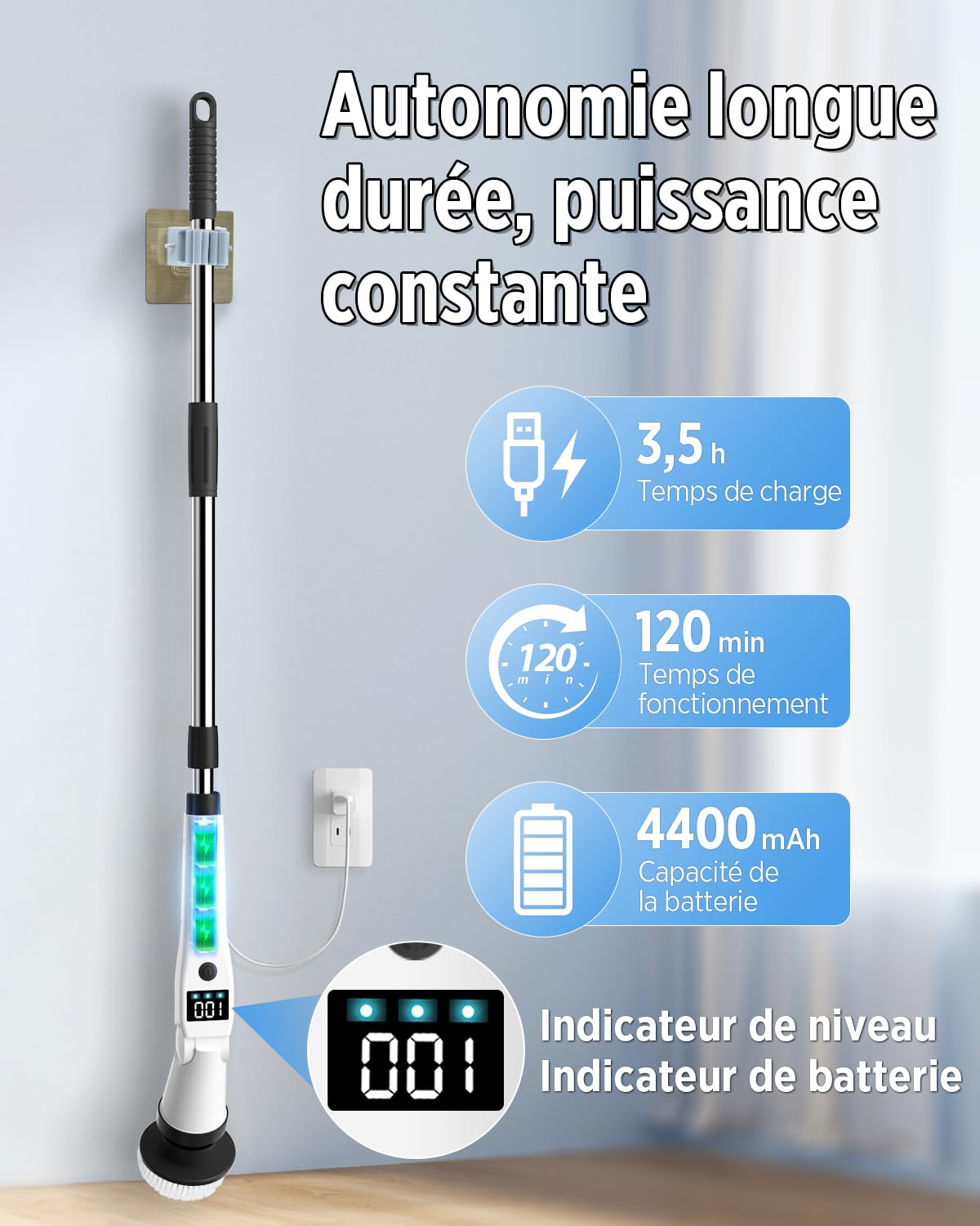 Lepwings Brosse de Nettoyage Électrique avec 8 Têtes Remplaçables, Brosse Rotative Puissante Rechargeable, 3 Vitesses, Manche Télescopique 35–135 cm, Étanche IP65 pour Salle de Bain, Cuisine, Voiture