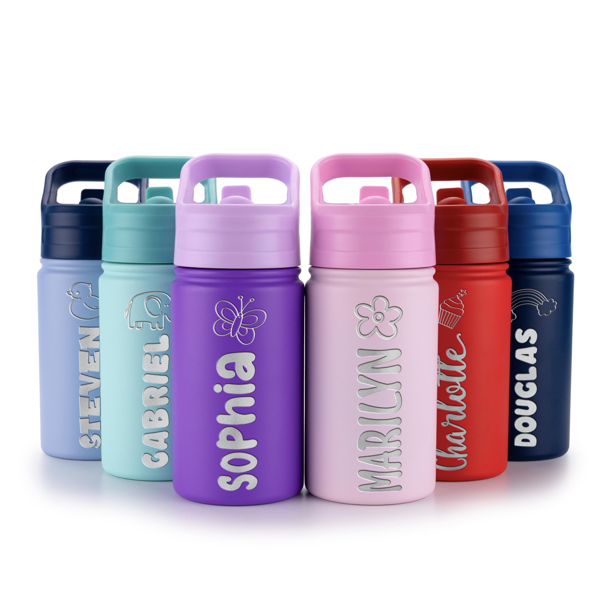 Lilys Atelier Personalized Water Bottle for Kids - Stainless Steel 12 oz Name Icon Leakproof Lid Great Gift