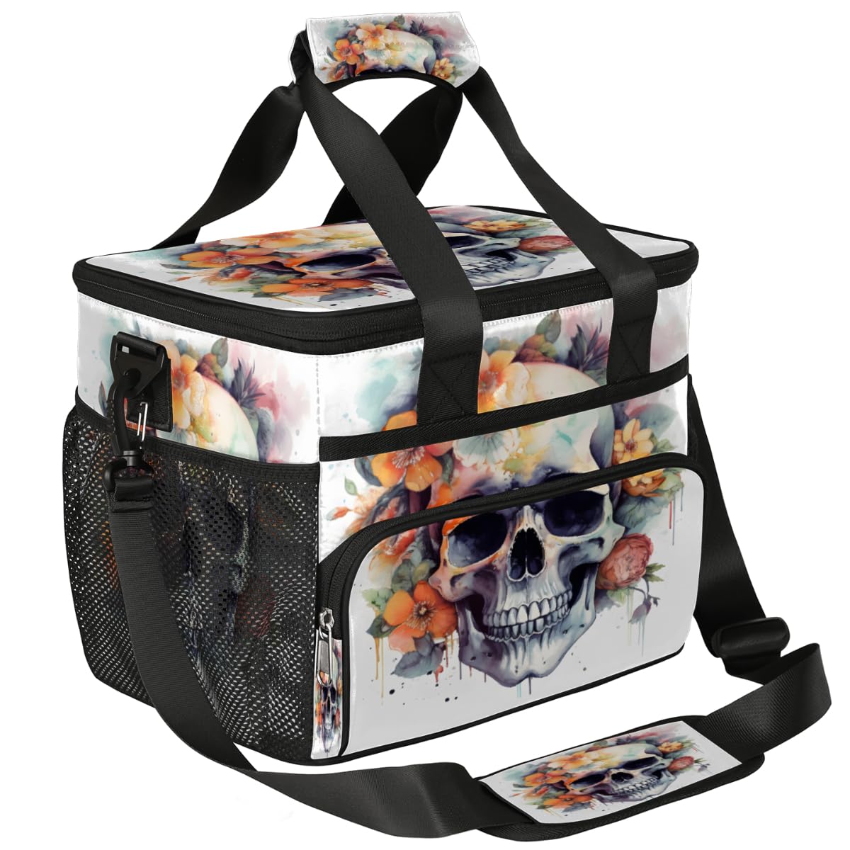 Skull Flower Insulated Picnic Backpack Lunch Box for Women Men Picnic Basket Tote Lunch Bag Picnic Bag Portable Lunch Bags for Picnic, Beach, Work, Trip,Office, Camp Sugar Skull Flowers