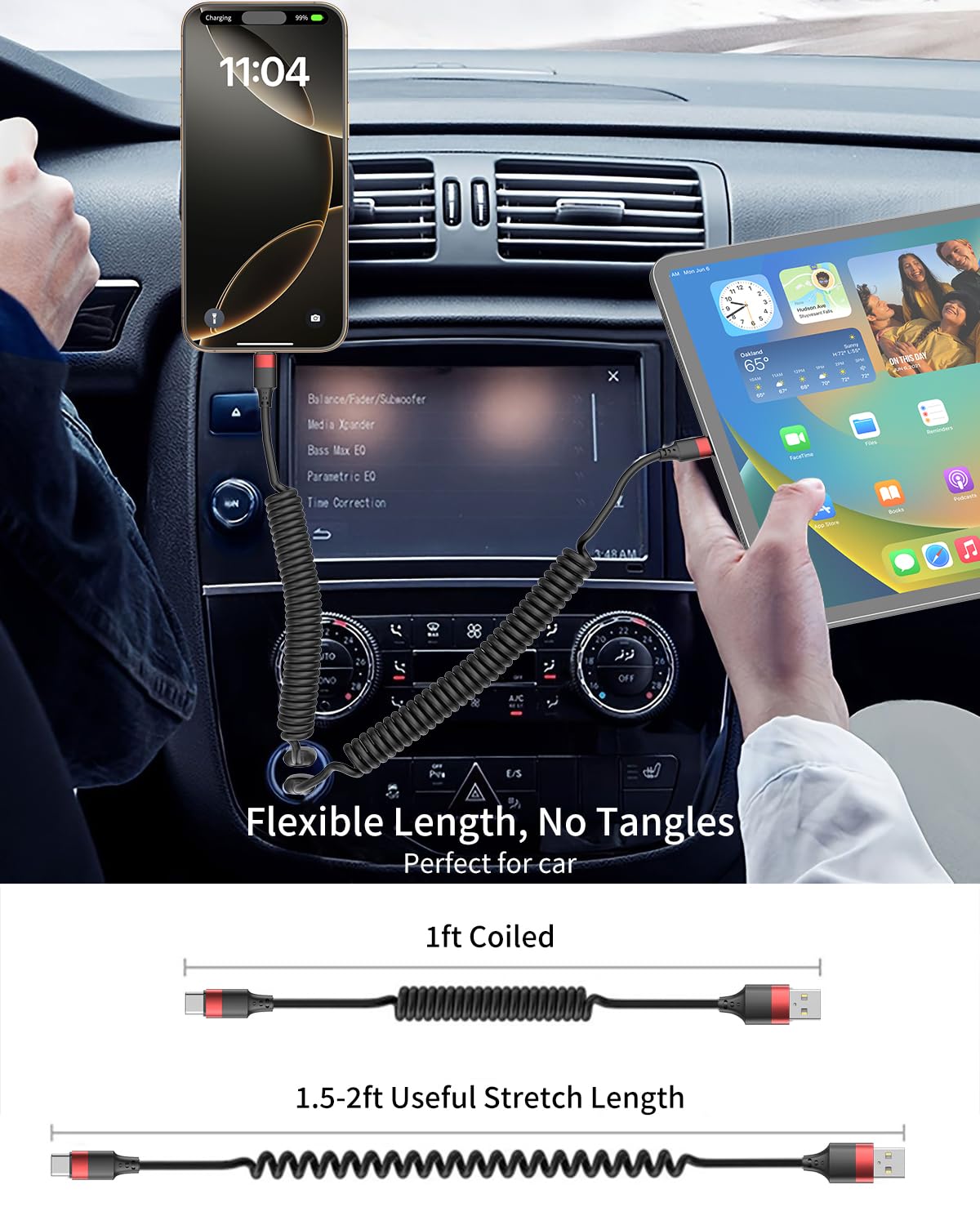 Confezione da 2 cavi USB C a spirale, USB tipo C, cavo a spirale per ricarica rapida da USB a USB C, cavo a spirale per iPhone 16 15 Pro Max, Samsung Galaxy S24 S23, Moto G8, Google Pixel, cavo USB C