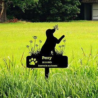 Goodqueen Custom Dog Memorial Grave Marker Stake, Personalized Dog Memorial Garden Stake, Butterfly Flowers Dog Memorial Engraved Sign, Dog Headstones Metal Sign Pet Plaque Burial Stake