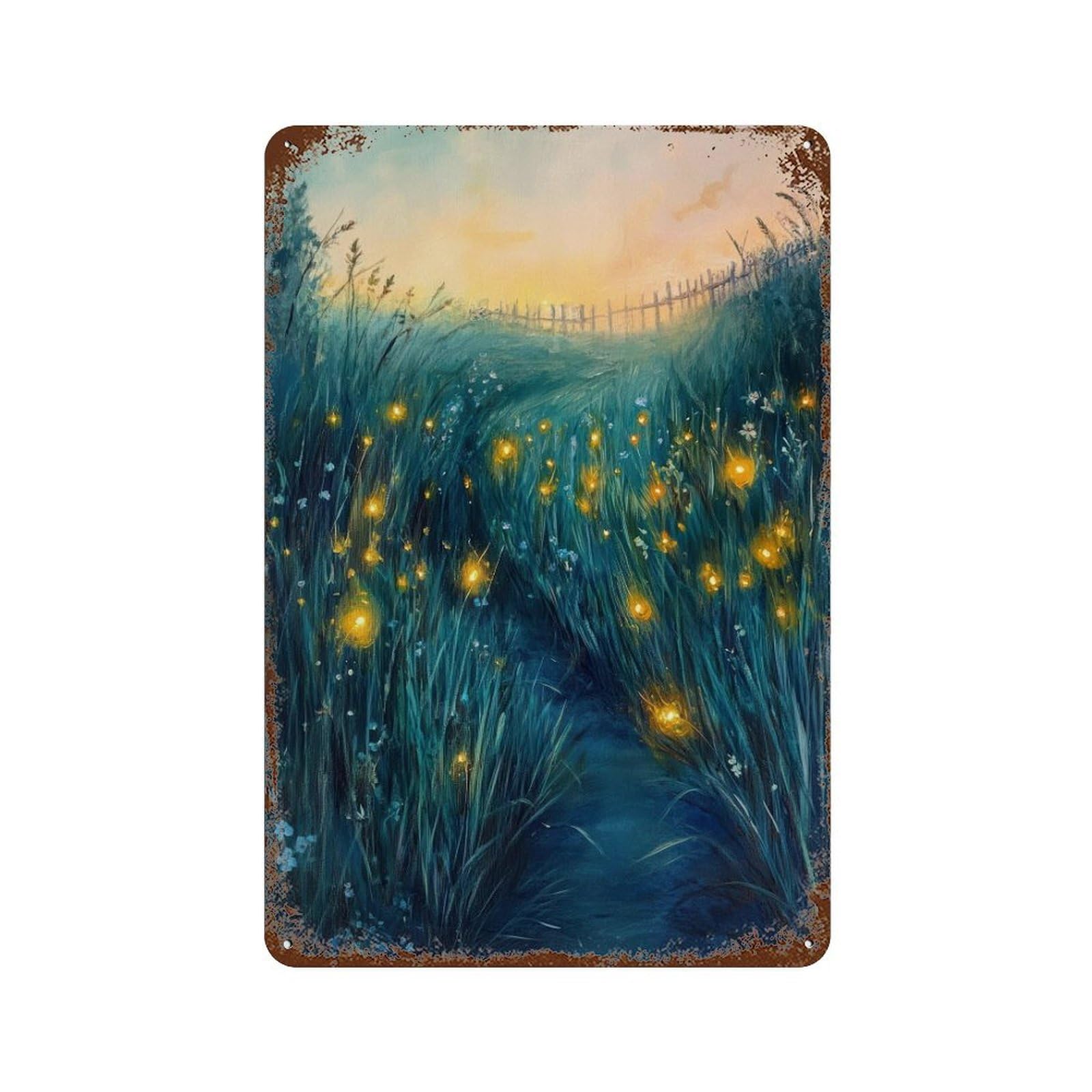 Fireflies Cottagecore Decor Dark Academia Enchanted Night Illustration Vintage Nature Rustic Aesthetic Wall Decor Art Metal Tin Poster Modern Home Decor Art Home Bar Shop Decorations Vintage Sign 30x