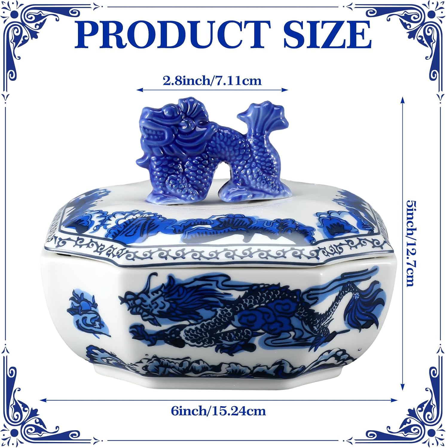 Potchen Blue and White Ceramic Porcelain Jar with Dragon Button Lid Rectangle Canister Container for Candy Sugar Tea Cookie Classic Handcrafted Chinoiserie Bowl Pottery Gift Decoration