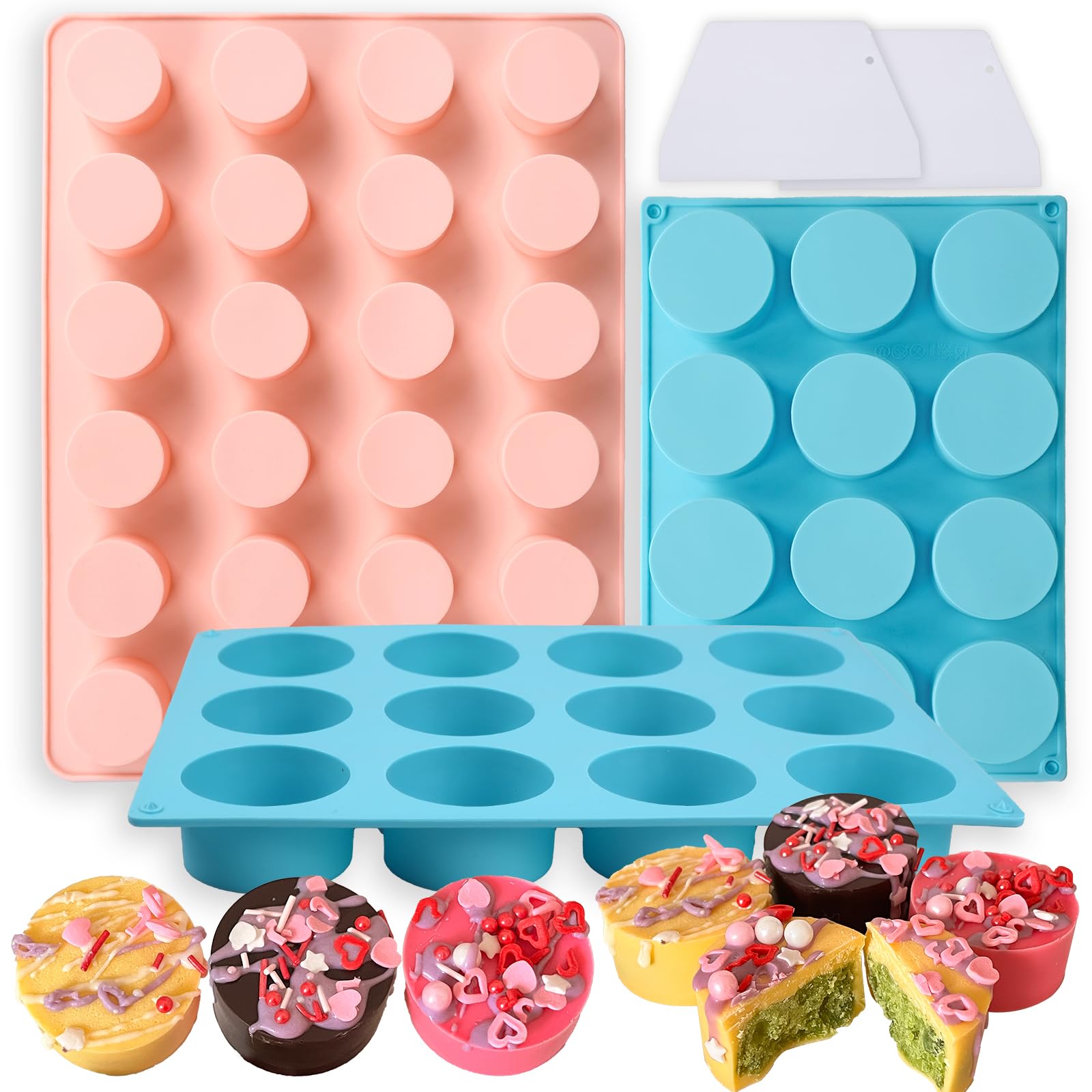 Juego de moldes de silicona cubiertos de chocolate de 2 tamaños diferentes, 24 cavidades y 12 cavidades redondas con 2 espátulas para núcleos de pasteles, postres de chocolate, pasteles