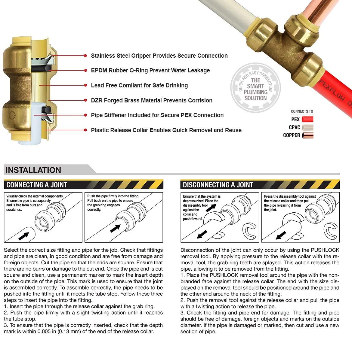 Zawór środkowy QVLU34 Push to Connects Pex Copper, CPVC, mosiężny zestaw hydrauliczny do rur 3/4 cala zawiera trójniki, kolanka, łączniki i łączniki nasadkowe (po 2 szt.) z dodatkowym narzędziem do