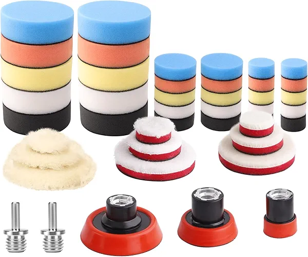 ZFE Car Foam Drill Polishing Pad Kit, 44Pcs 1inch 2inch 3inch Detail Polishing Buffing Pad Mix Size Car Detailing Kit with 5/8-11 Thread Backing pad & Adapters for Buffer Polisher Polishing, Buffing