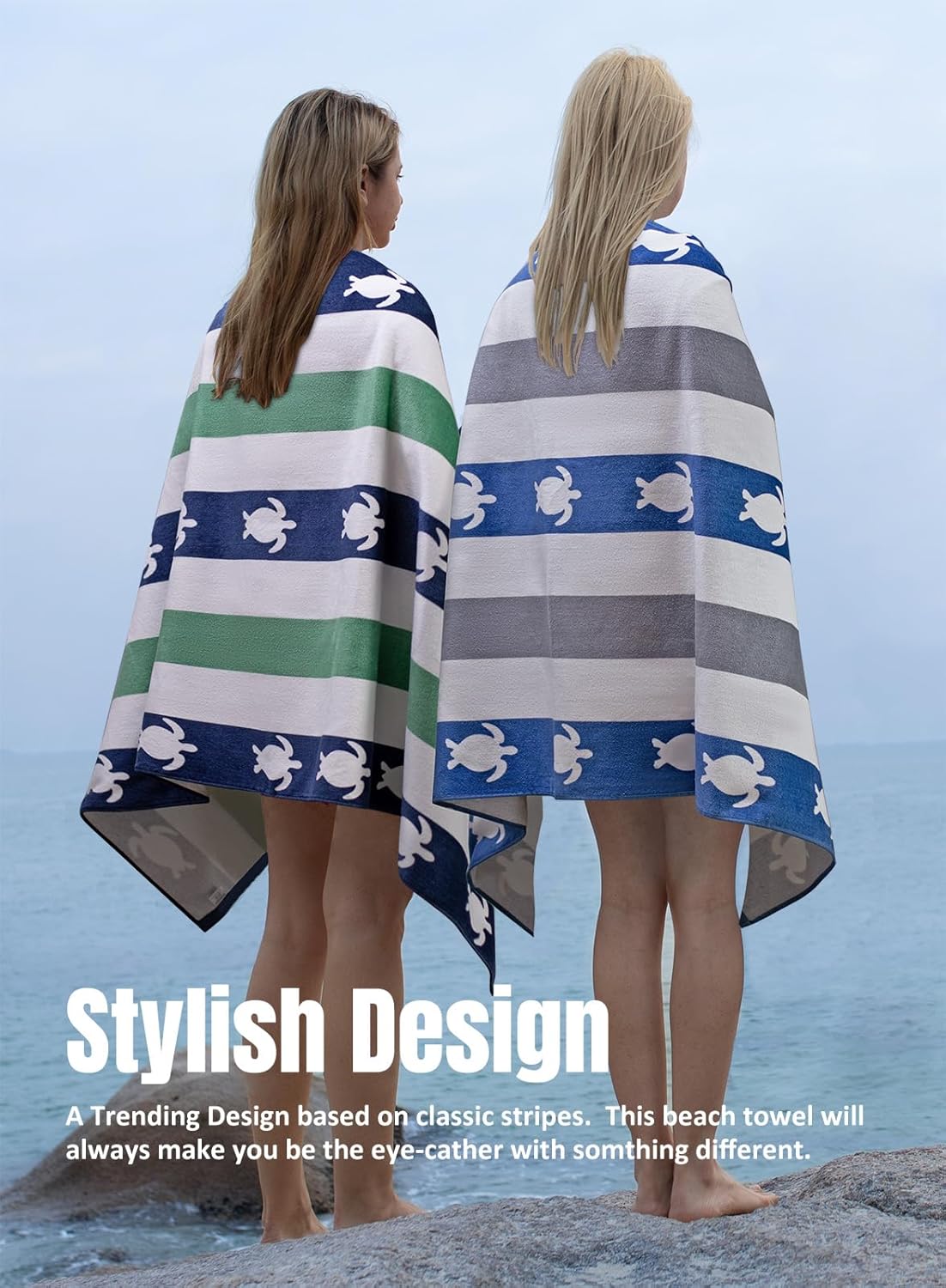 cabanana Large Beach Towel Oversized - Cotton Velour 35 x 70 Inch Sea Turtle Striped Terry Pool Towel, Cabana Soft Swimming Towel for Adults Women Men (Navy Feldspar) - Image 2