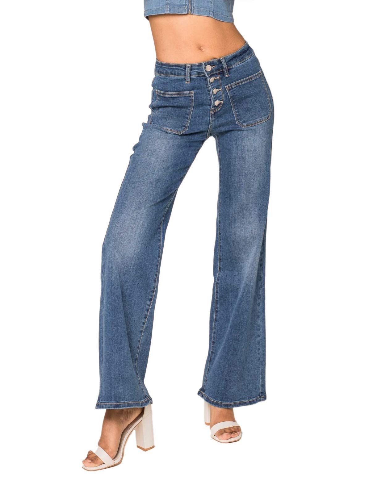 Nina Carter P139 - Jeans da donna a vita alta con taglio svasato, effetto usato