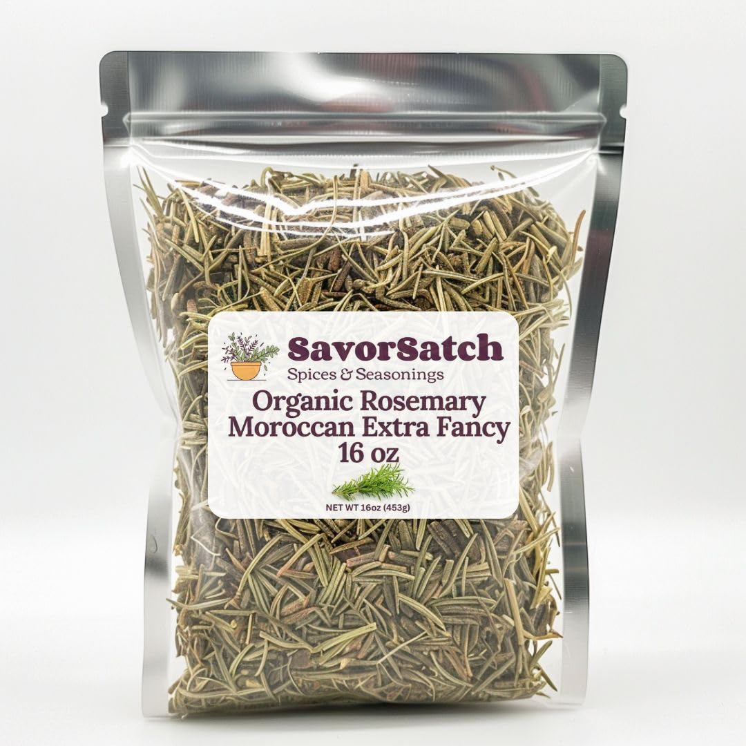 SavorSatch Rosemary Moroccan Extra Fancy - Resealable Pouch | USDA Certified Organic, Allergen-Free, Non-GMO, Kosher | Mediterranean Herb, Whole Leaf | Gluten-Free for Cooking, Tea - Bulk for Restaurants, Commercial Kitchens, Cooking Enthusiasts - 16 Ounce (Pack of 1)